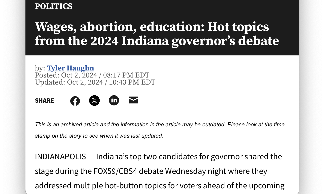 Wages, abortion, education: Hot topics from the 2024 Indiana governor’s debate