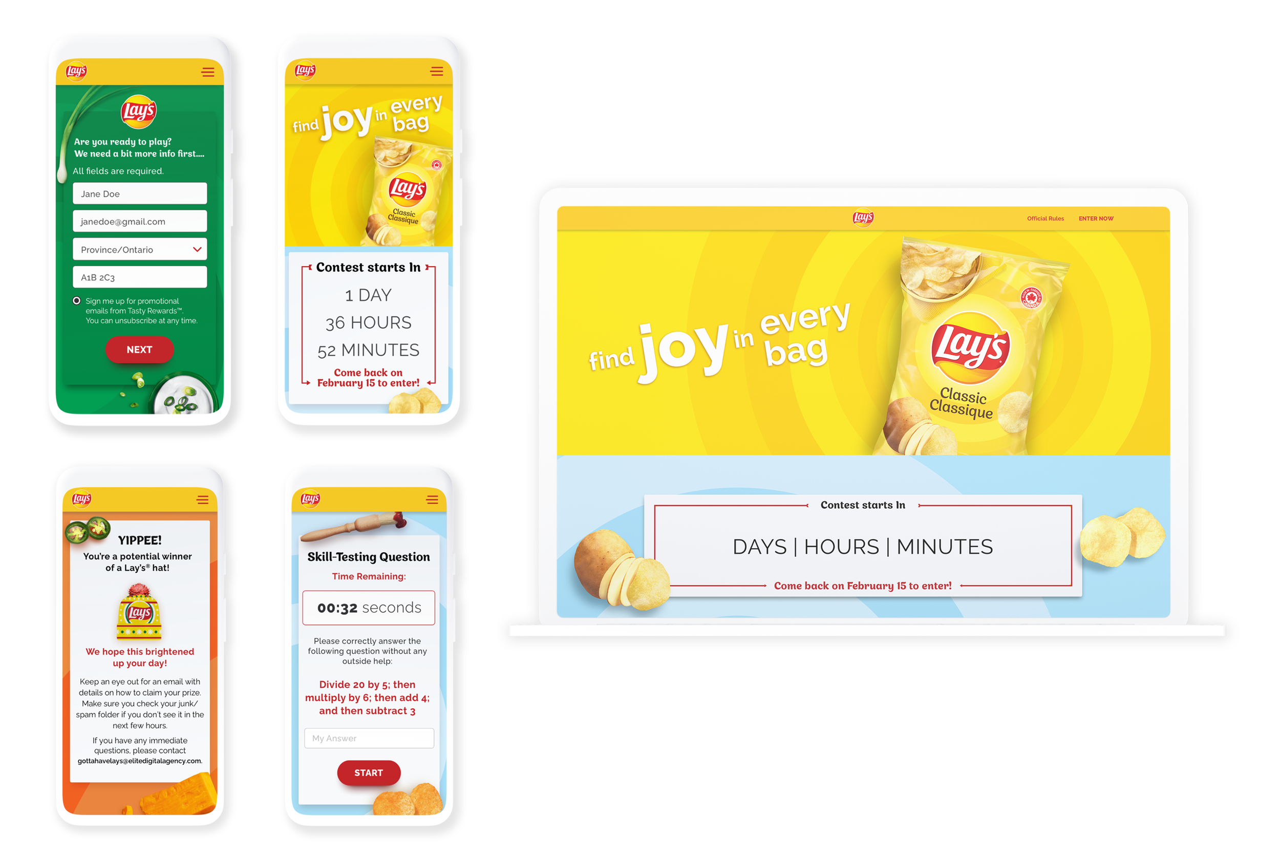 Lays contest screens on mobile and desktop