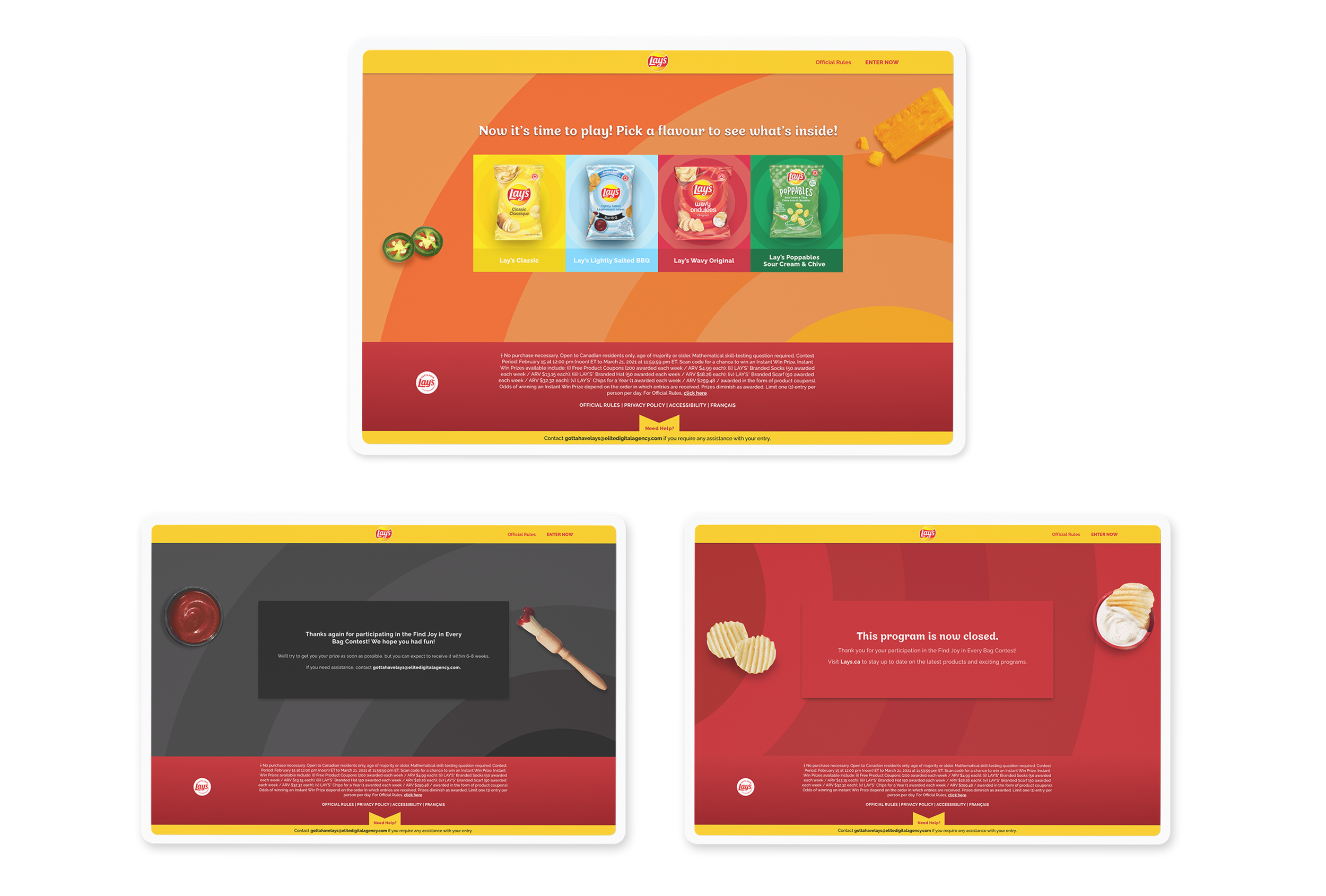 Lays contest screens on mobile and desktop