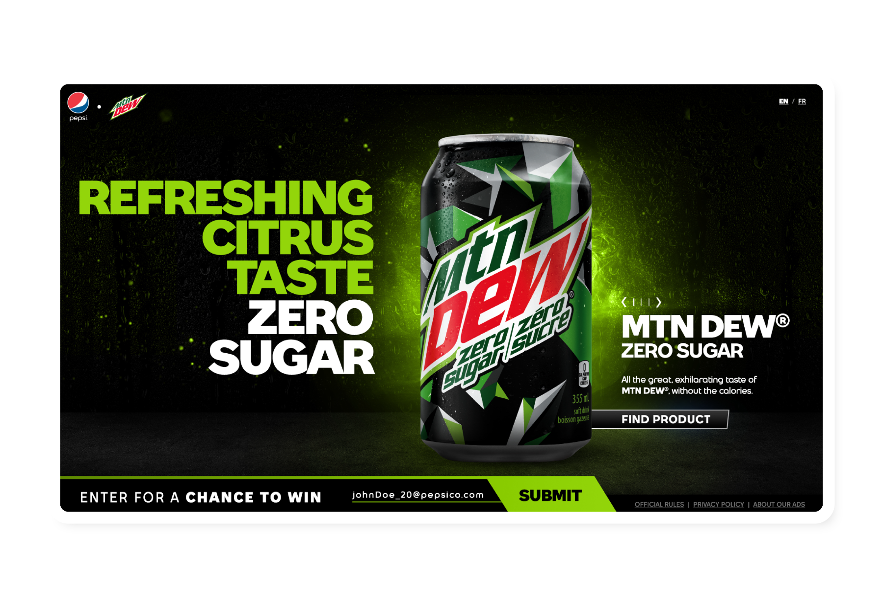 Mountain Dew, Xbox contest screen on desktop