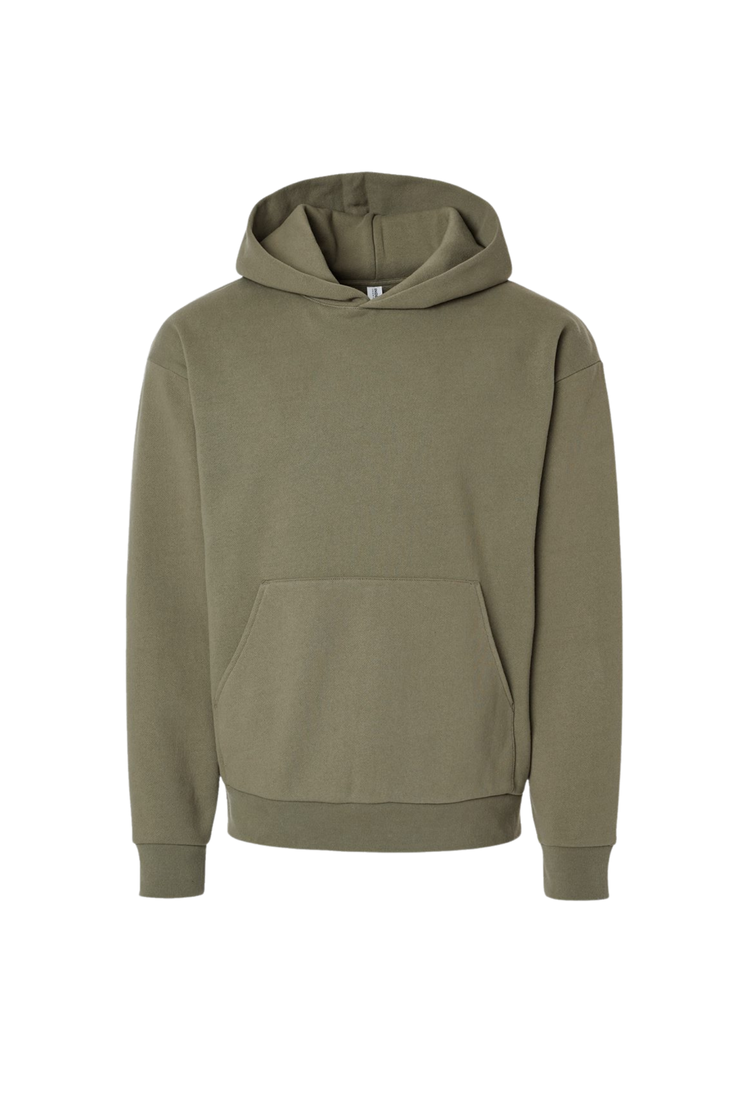 Olive green hooded sweatshirt with front pocket.