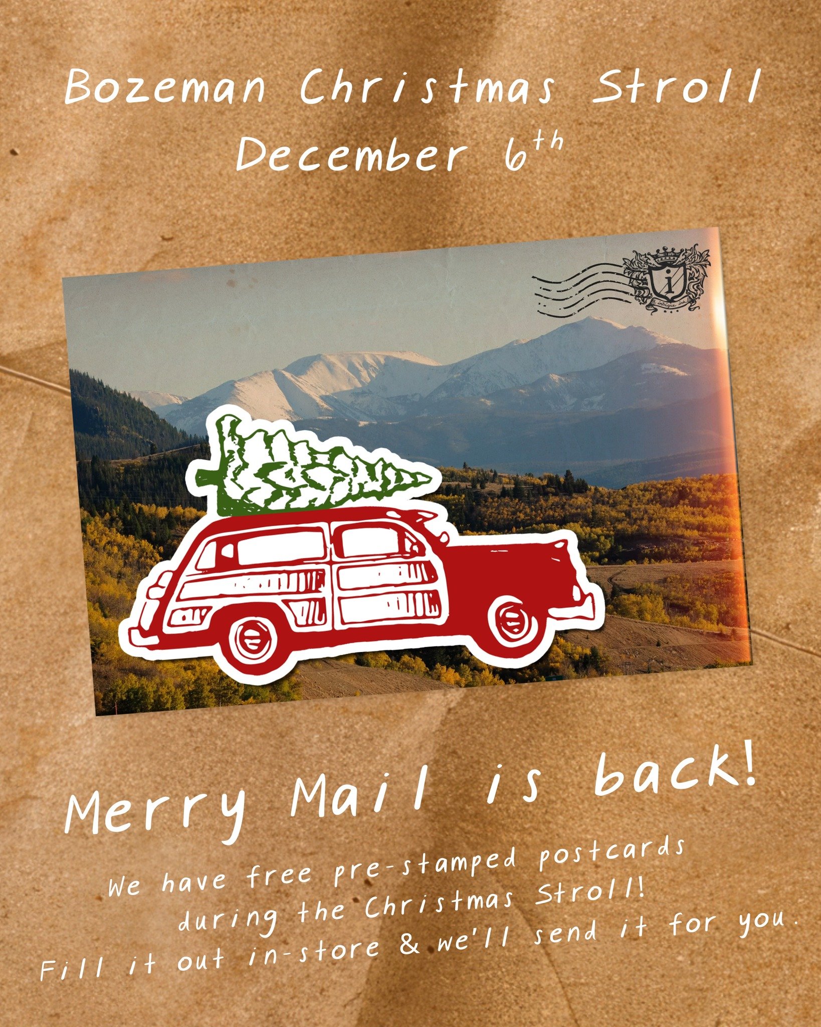 Merry Mail is BACK, babes! 💌✨

Got a love note to send? A last-minute SOS to Santa?

Swing by during the Christmas Stroll, grab a free pre-stamped postcard, 
and let us handle the magical mail drop. 🎄📬

 #bozman #funkyfresh #montanamade #bozmanmon