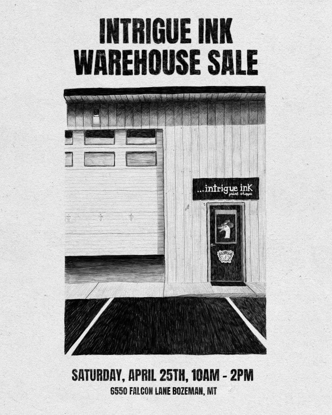 Warehouse Sale but make it a party 🤠

Racks of screen printed deals from Intrigue Ink
$50 fill-a-bag situation (intrigue items only)
406 Flea friends pulling up
Coffee from Ruby Tuesday&rsquo;s
Bagels from Bridger Bagels
And a whole lotta Bozeman ha