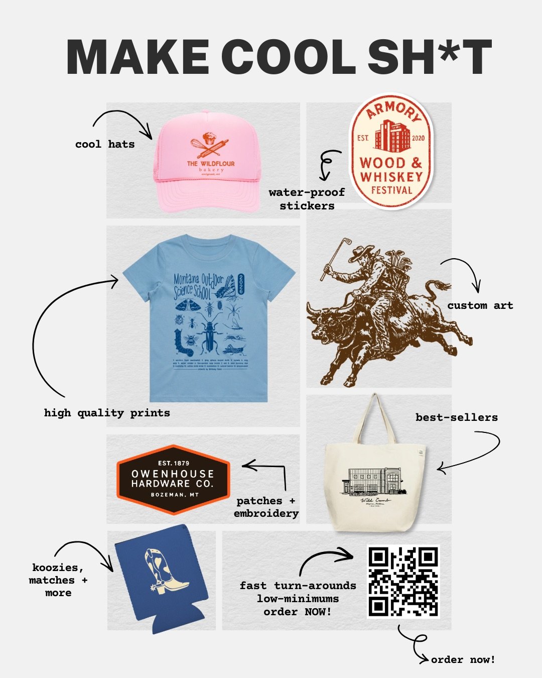 WE MAKE COOL SH*T 😎

That&rsquo;s basically the job.

Need tees for your brand?
Merch for your event?
Custom apparel your customers actually want to wear?

We design it.
We print it.
We obsess over it probably a little too much.

Small batch or big 
