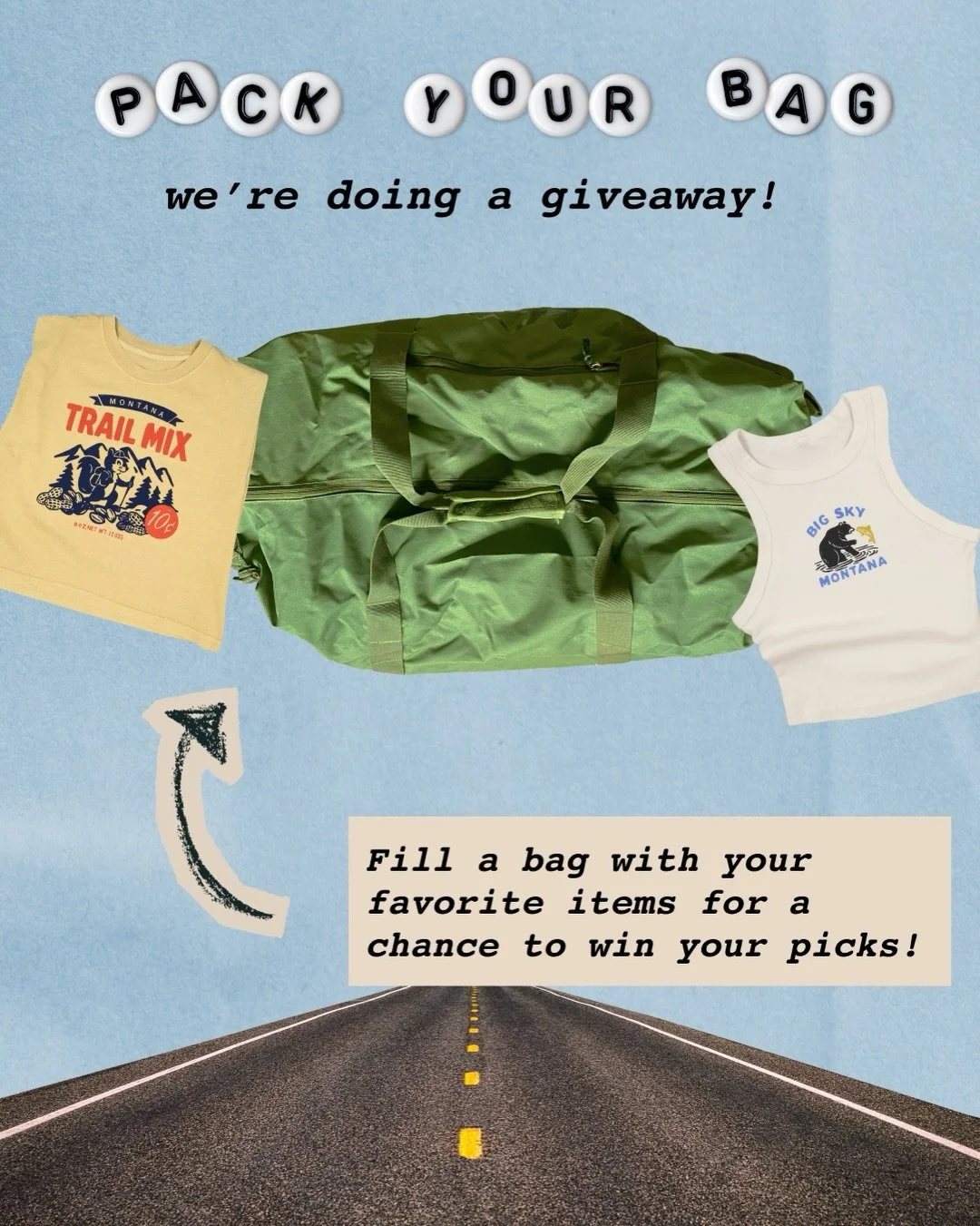 Join us on our Summer Road Trip!

We&rsquo;re doing a GIVEAWAY! 

Head to the link in our bio. Drag one of each category into your &ldquo;bag&rdquo;. Screenshot and post your picks to your story. Don&rsquo;t forget to Tag Us! 

We will be reposting o
