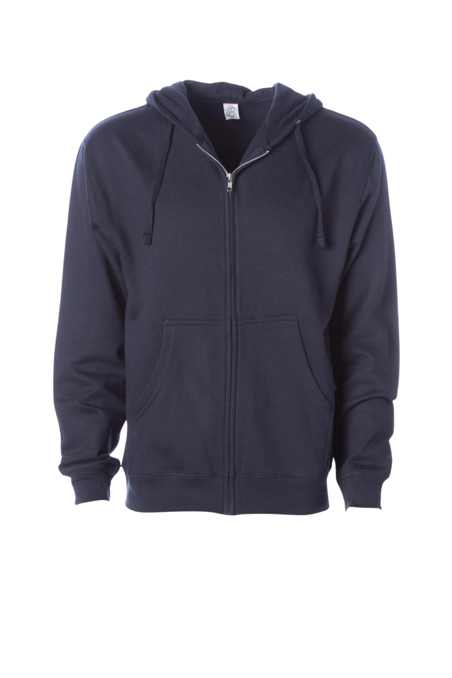 Navy blue zip-up hoodie with front pockets and drawstring hood.
