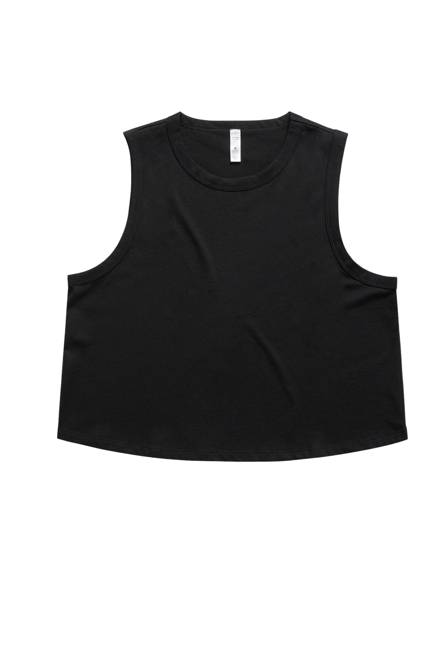 A sleeveless black shirt, style tank top, flat on a black background.