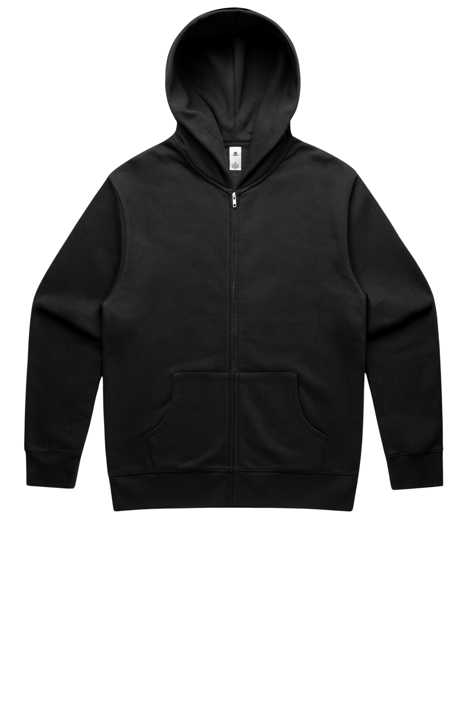 Black zip-up hoodie with front pockets and a hood.