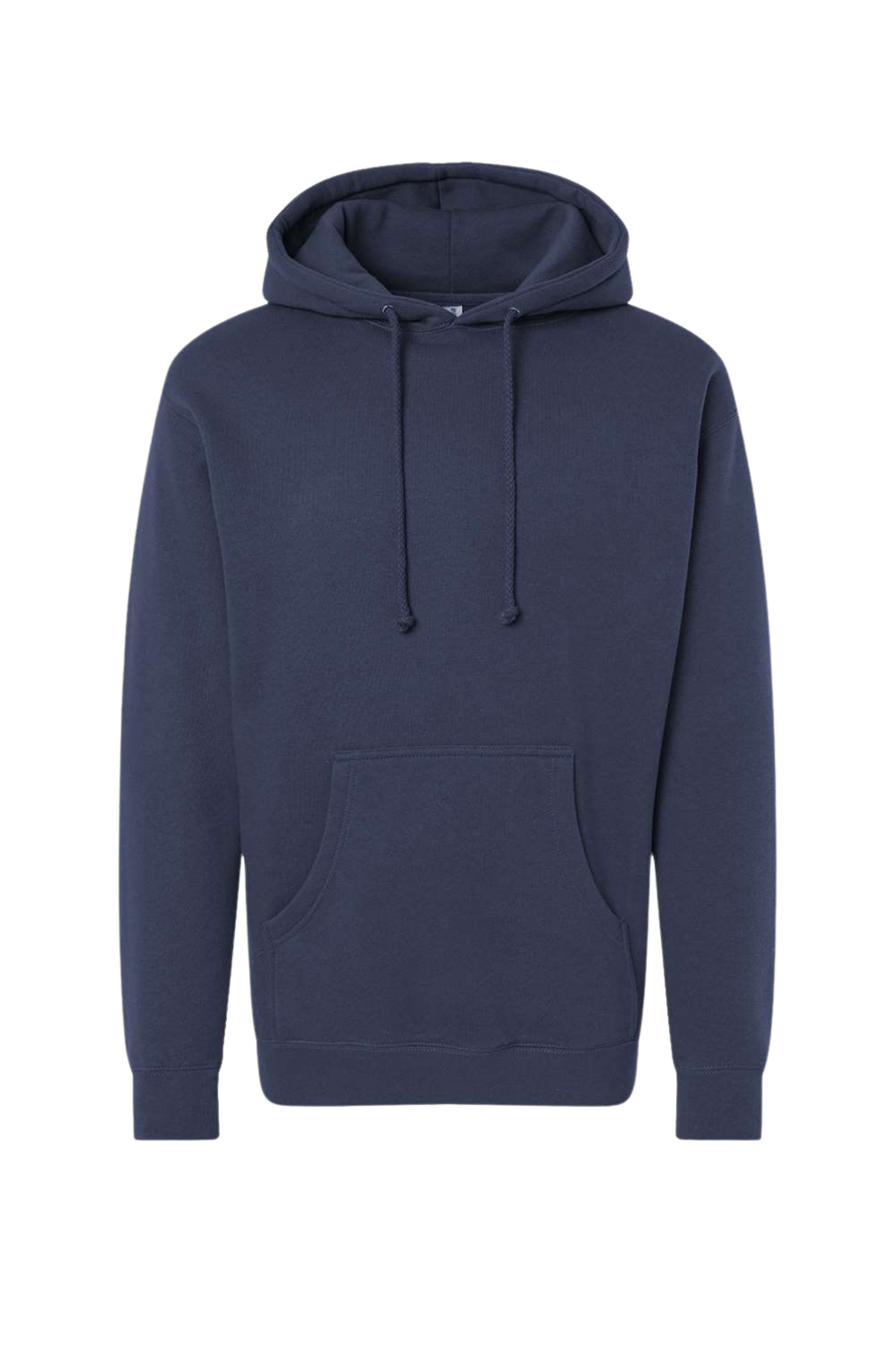 Navy blue hoodie with front pocket and drawstring hood.
