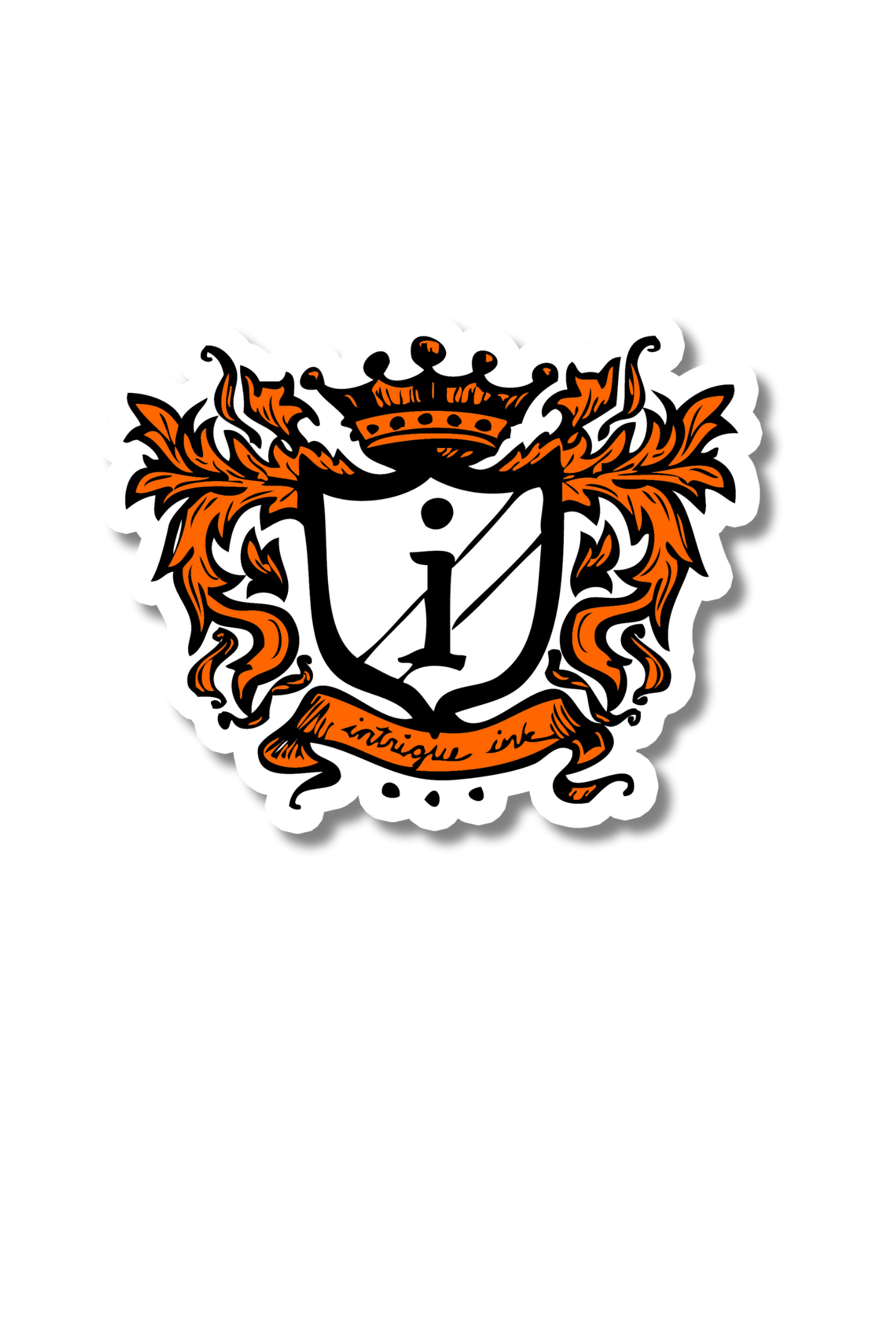 A black graphic with a coat of arms featuring a shield, a crown, and orange leaves surrounding a central emblem with the letter 'i' and the phrase 'unique ink' on a banner.