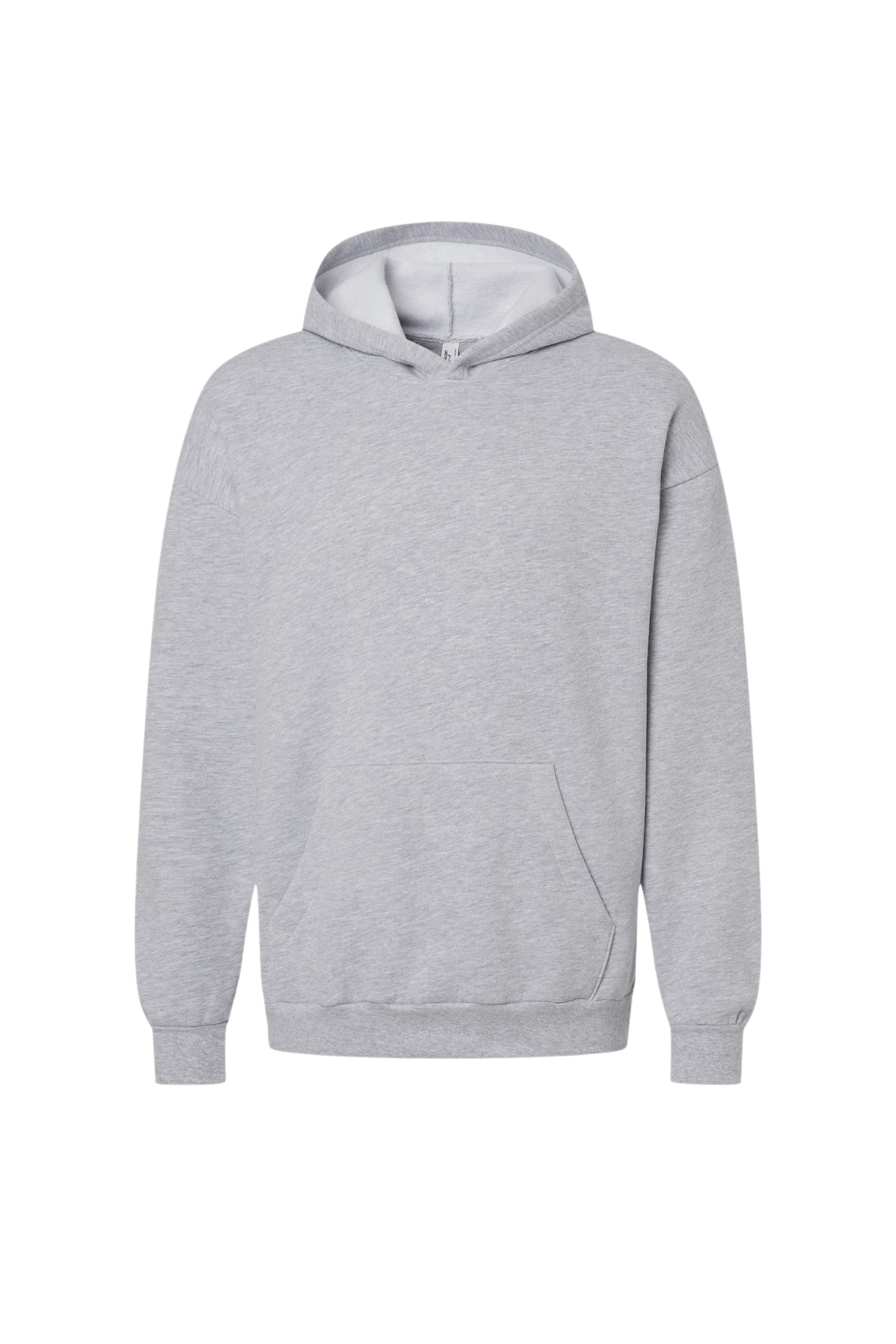 Light gray hoodie with a front pocket and drawstring hood.