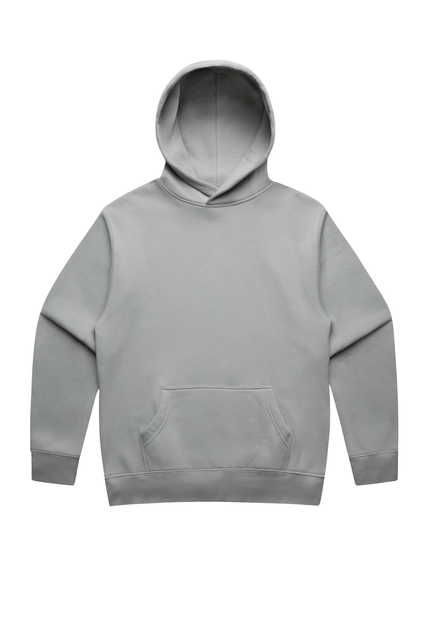 Gray hoodie with front pocket and a drawstring hood, isolated on black background.