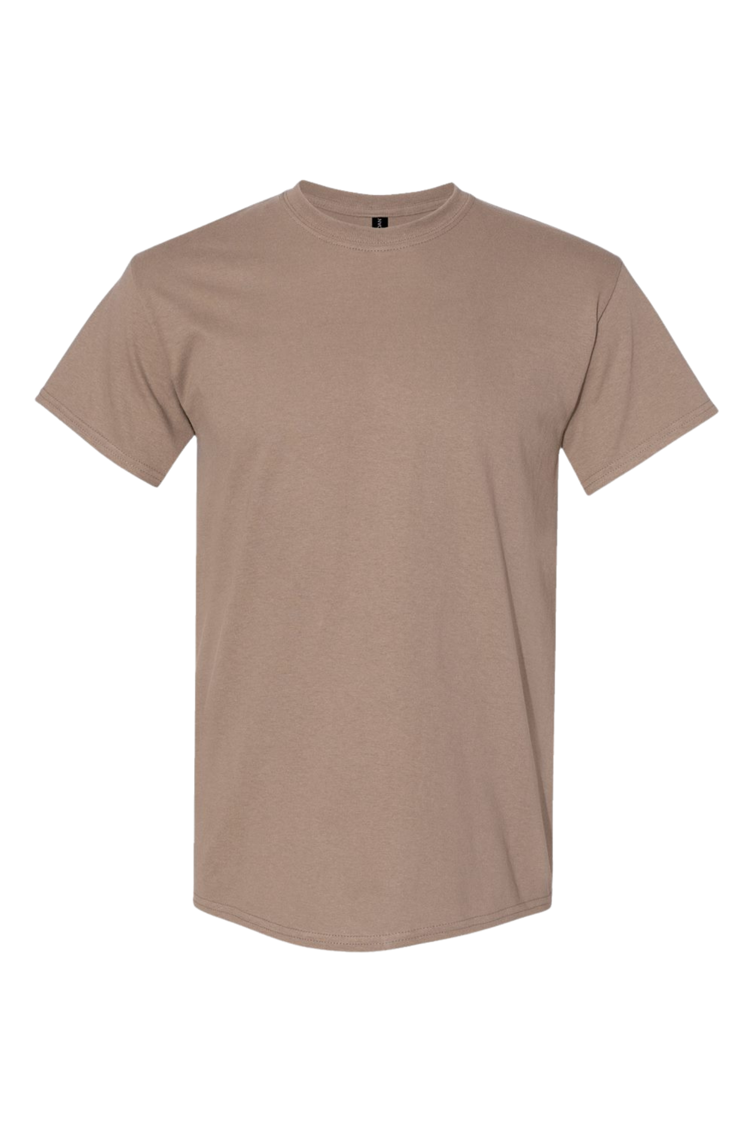 Beige T-shirt with crew neckline and short sleeves, hanging against a plain background.