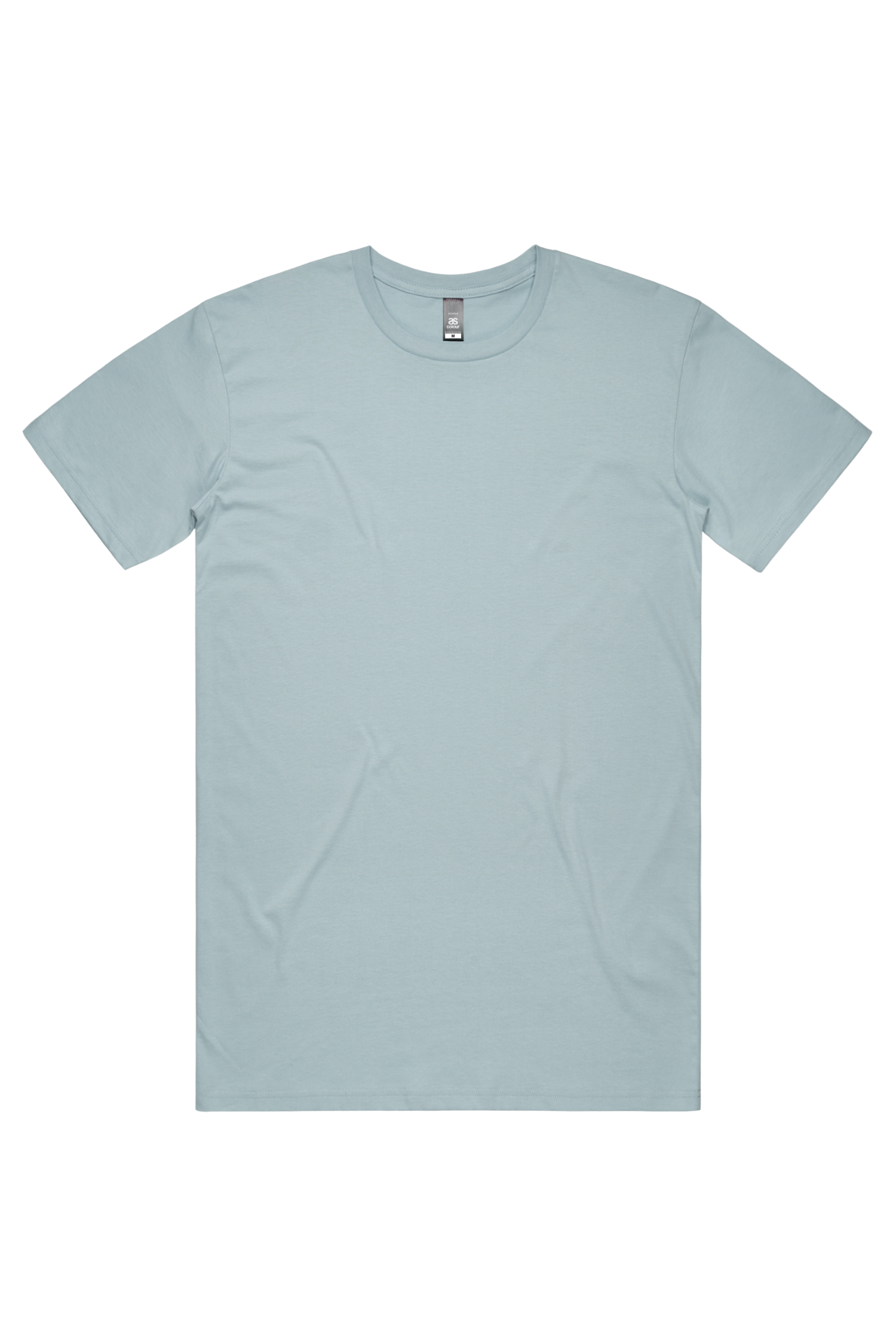 Light blue T-shirt laid flat against a black background
