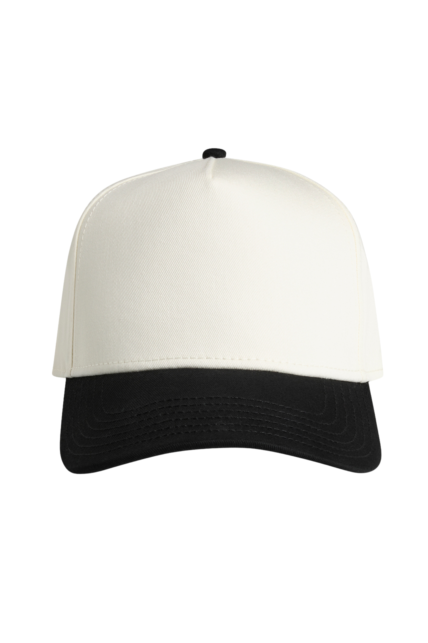Black and white baseball cap with a white crown and black brim