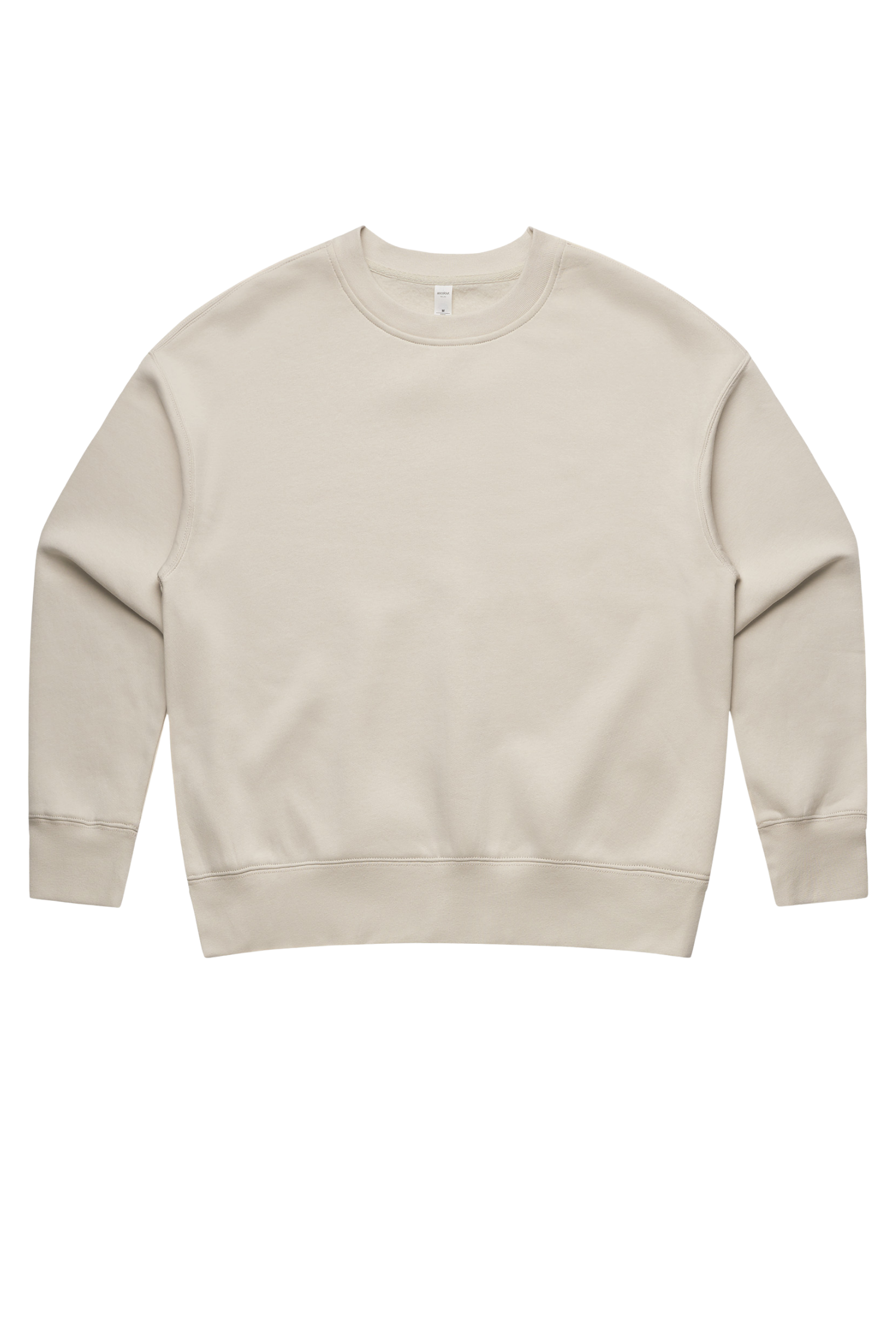 Plain beige crewneck sweatshirt isolated on black background.