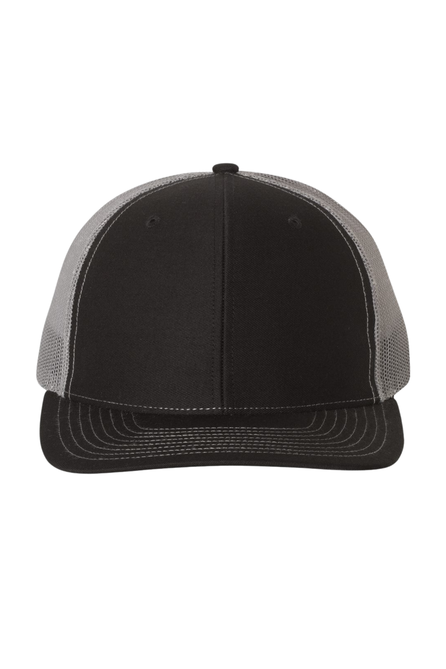 Black and gray trucker cap with mesh back and curved brim.