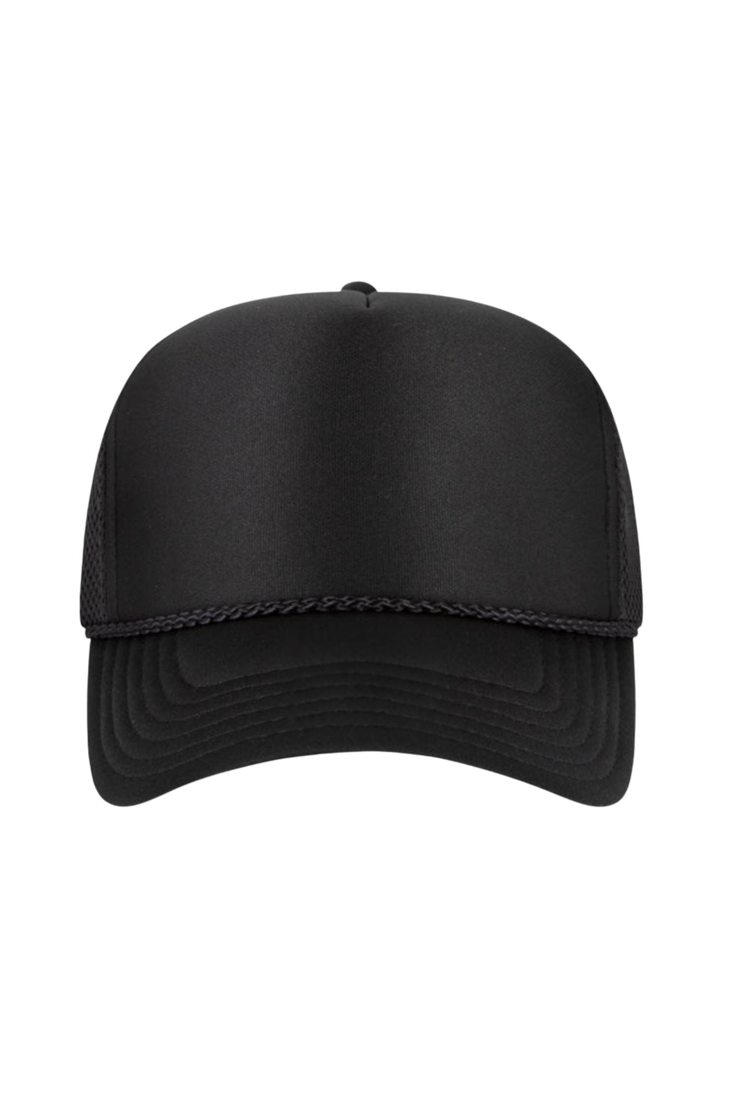 Black baseball cap with mesh sides and curved brim