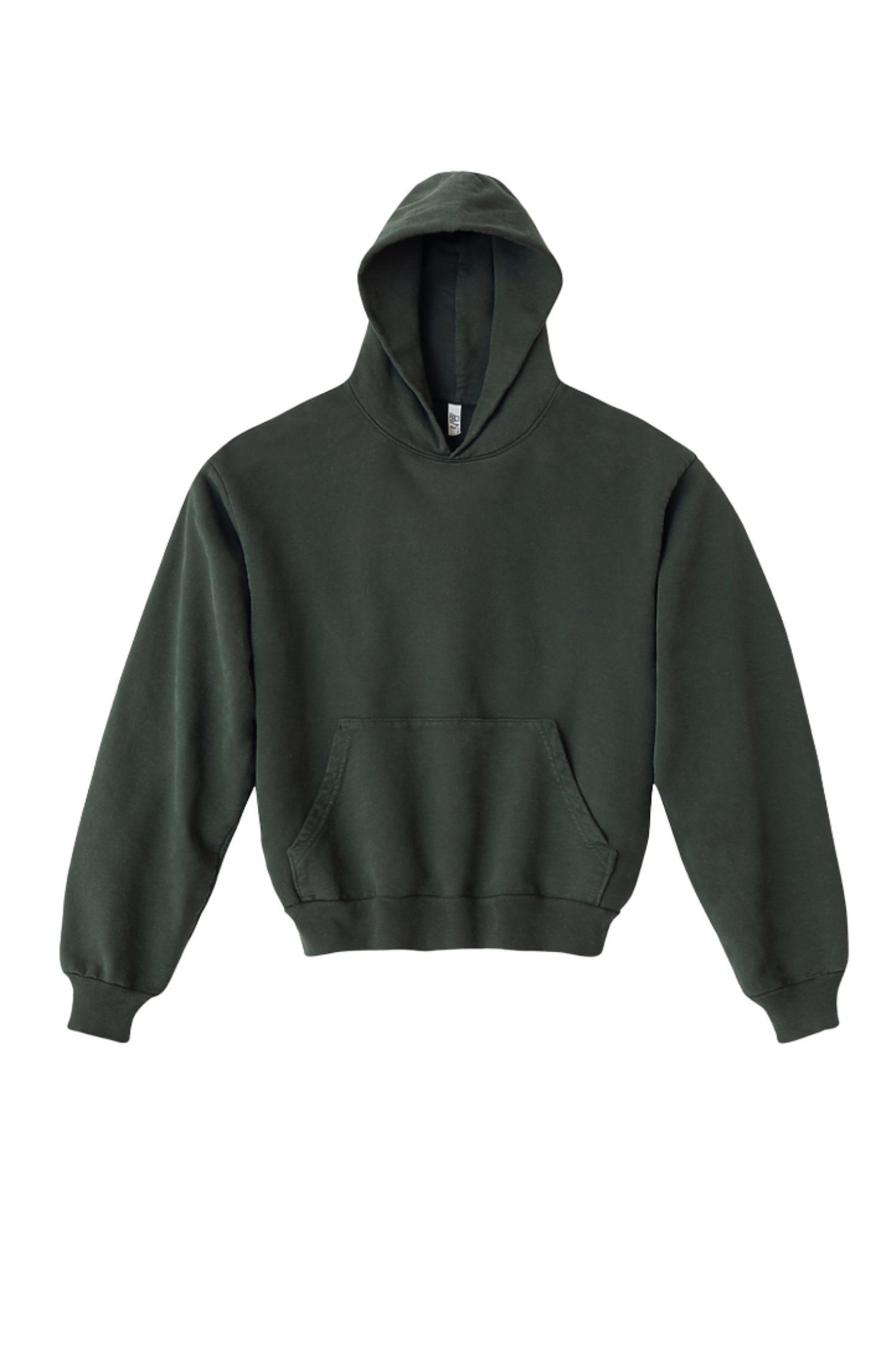 A dark green hooded sweatshirt with a front pocket and ribbed cuffs, isolated on a white background.