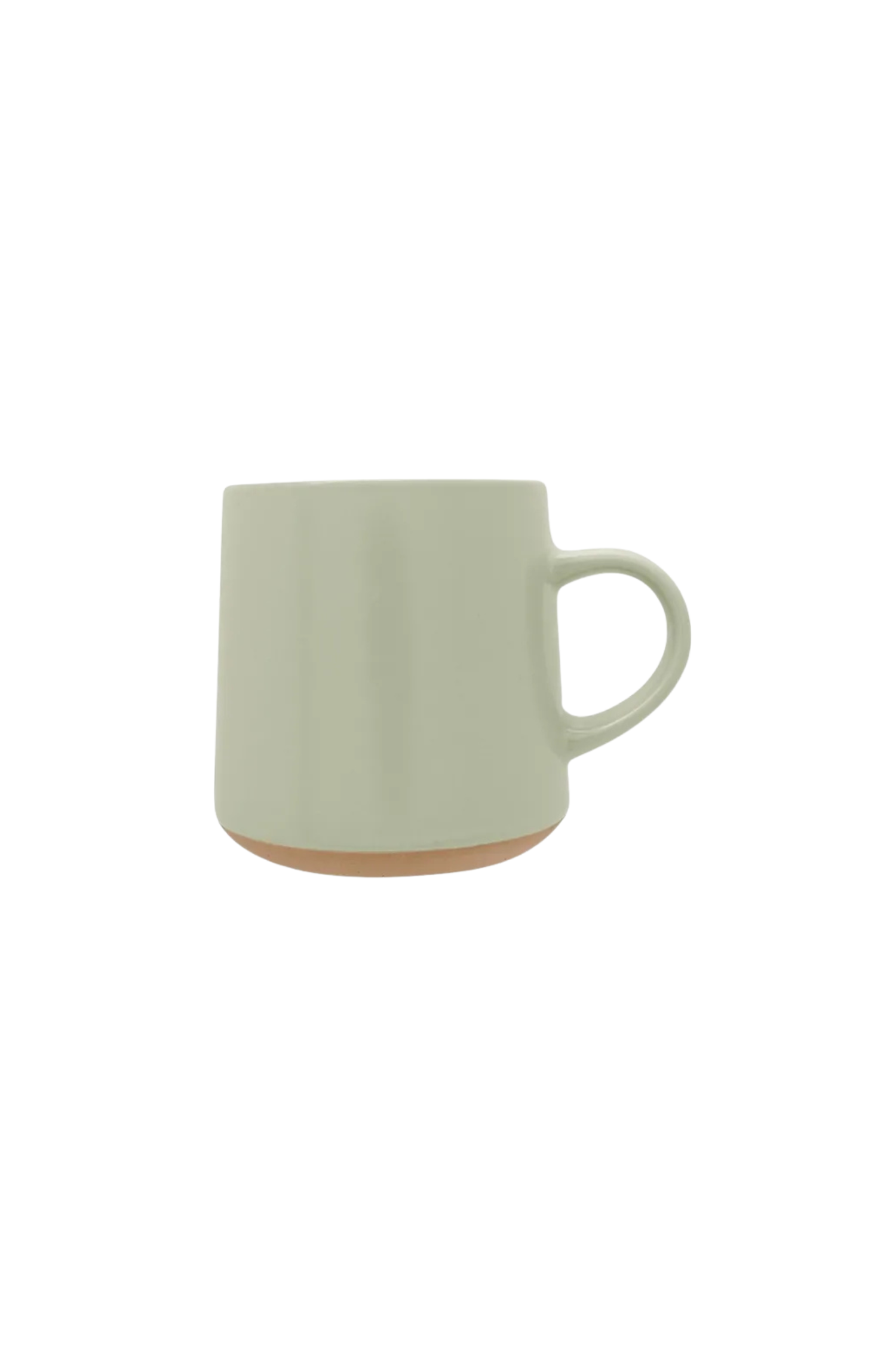 A plain ceramic coffee mug with a beige exterior and a rounded handle, set against a black background.