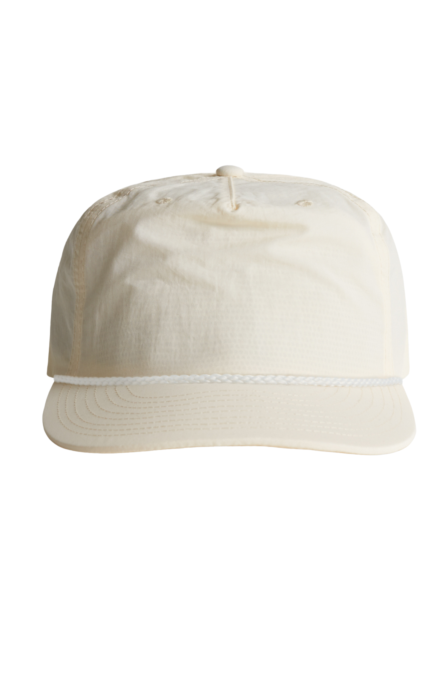 A cream-colored baseball cap with a curved brim and a decorative white braided band around the front.