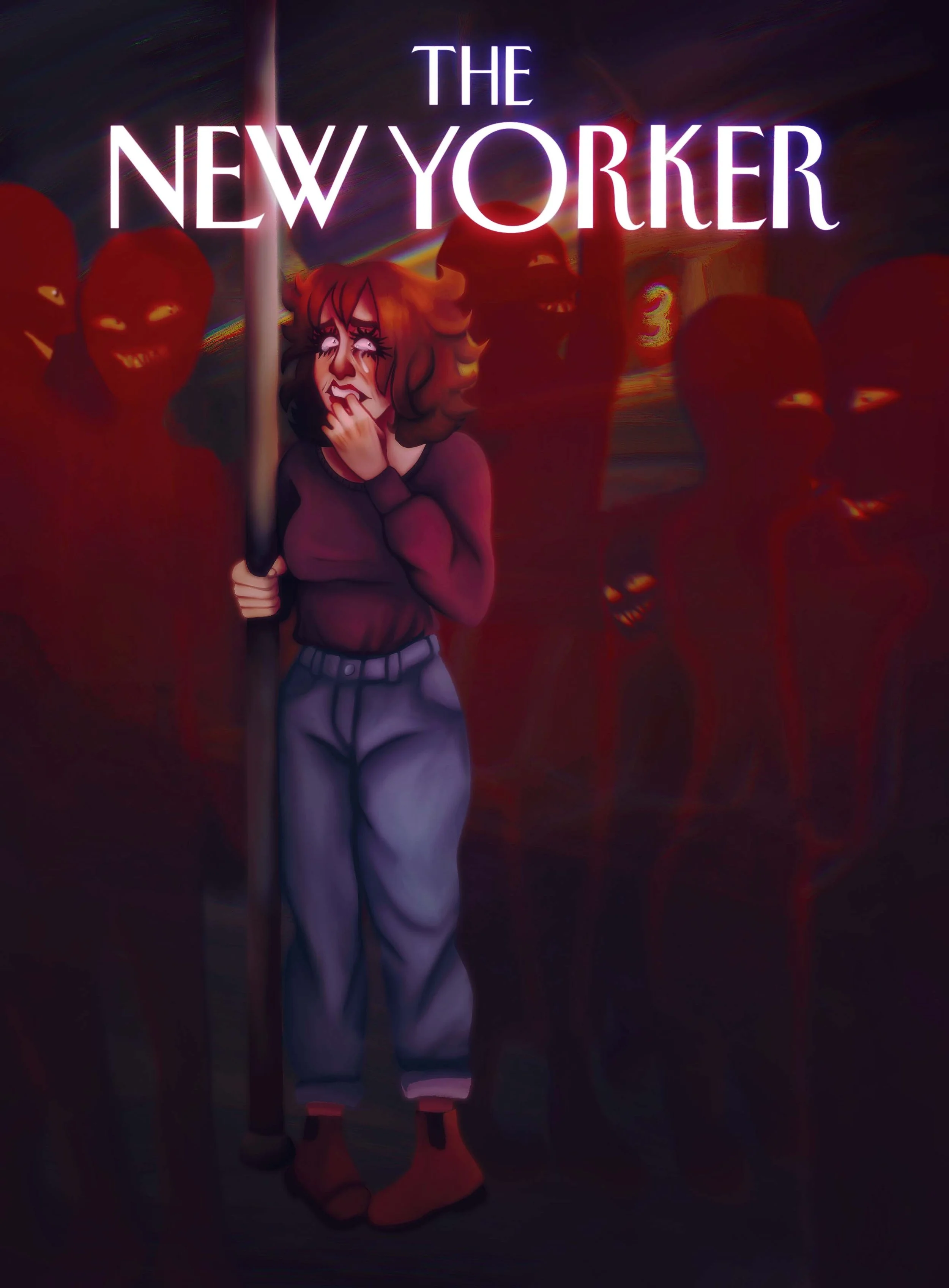 An illustrated woman with red hair, wearing a purple sweater and jeans, standing alone with a distressed expression, surrounded by ominous, glowing red faces with menacing smiles in a dark surreal subway car.