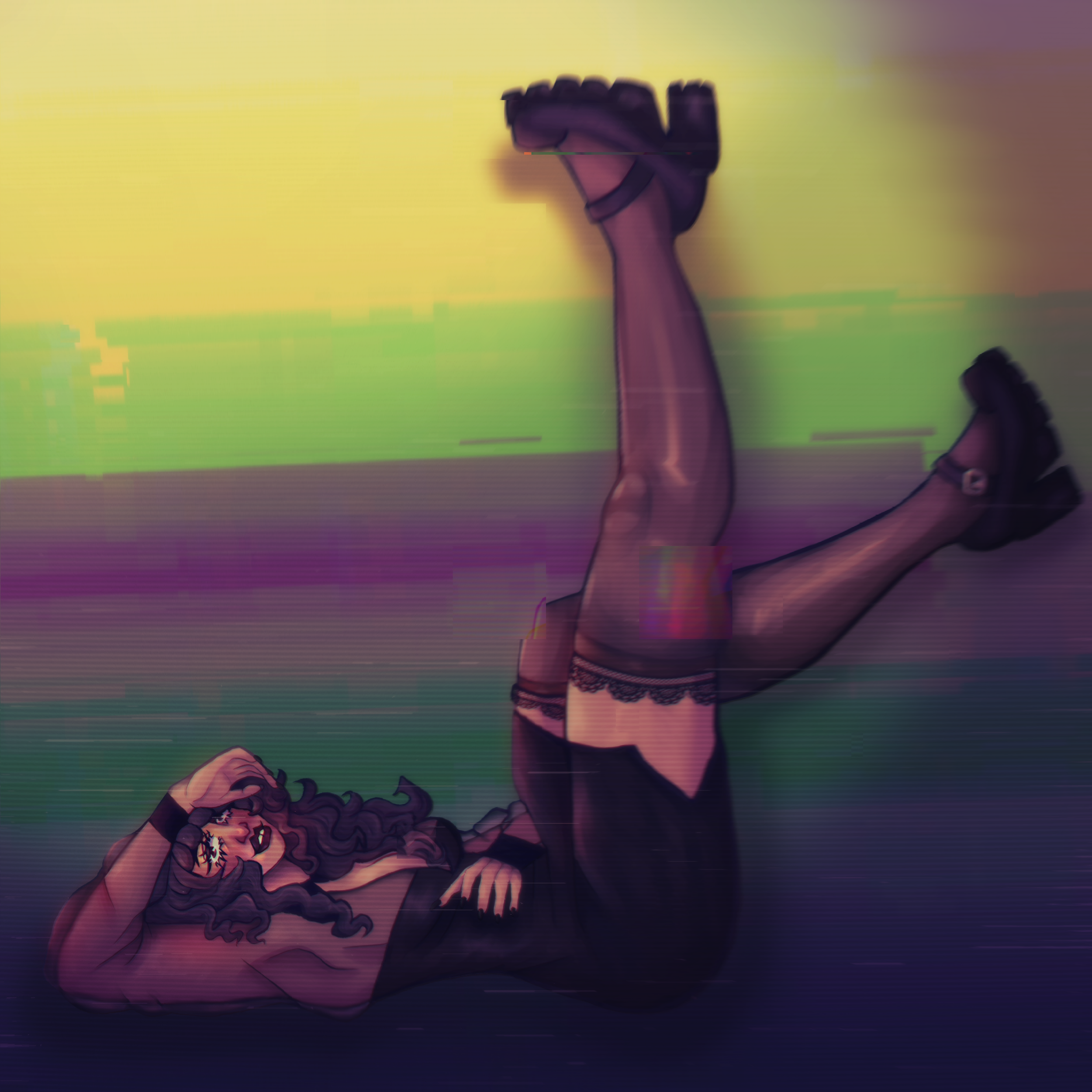 A cartoon woman lying on her back with her legs up against the wall, wearing a light top, dark skirt, stockings, and high heels, with her hand resting on her forehead, smiling.