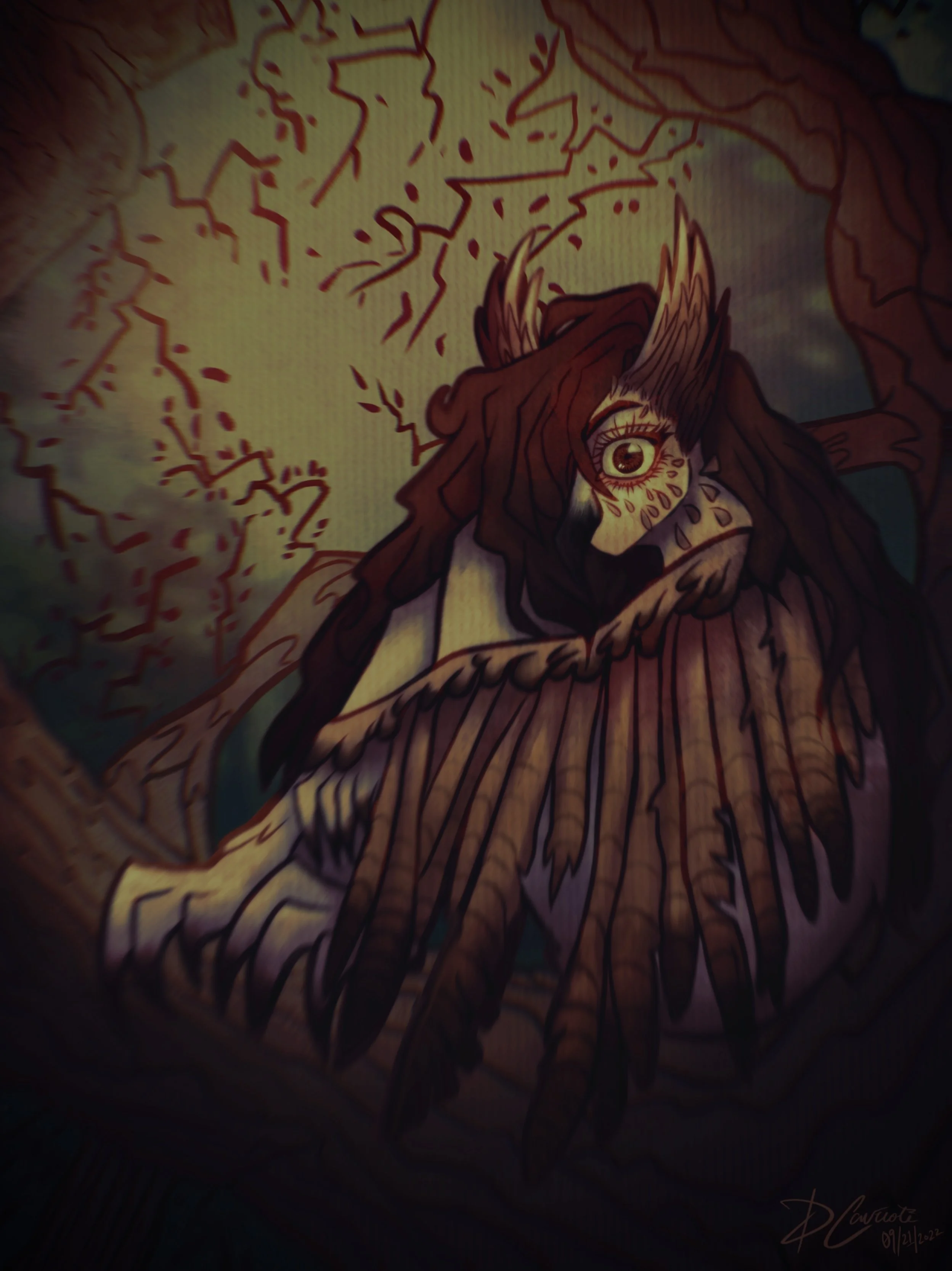 A fantasy-style drawing of an owl woman hybrid with mane of long, dark hair and one menacing eye. The creature is surrounded by detailed, abstract linework in the background.