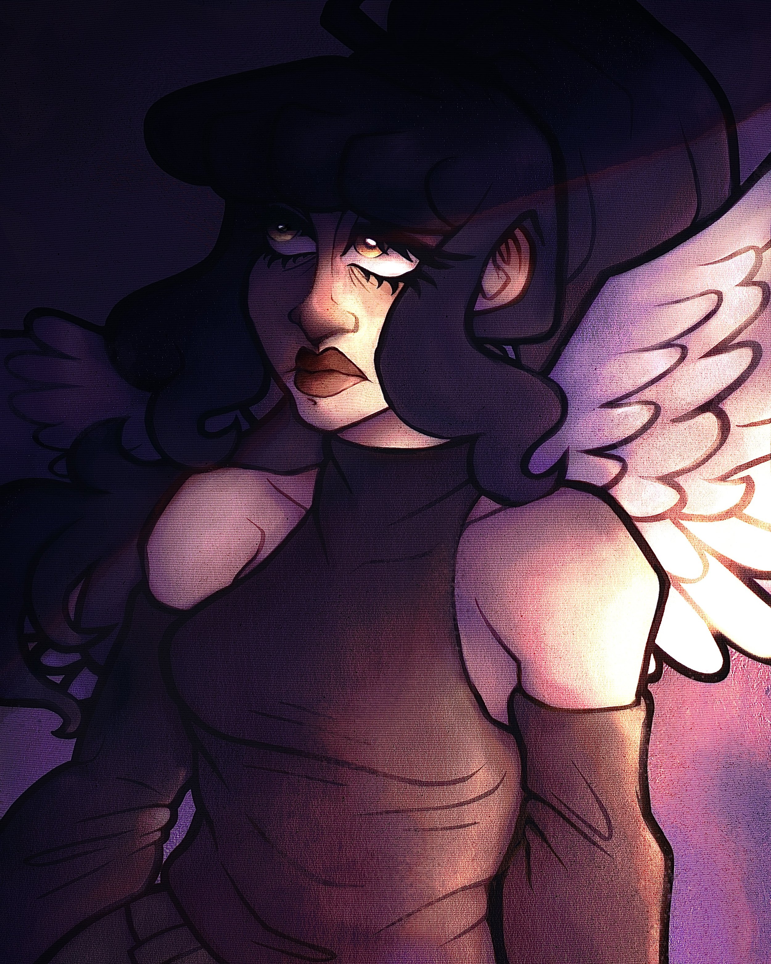 An animated illustration of a woman with dark, wavy hair, intense facial expression, and angel wings, set against a shadowy background.