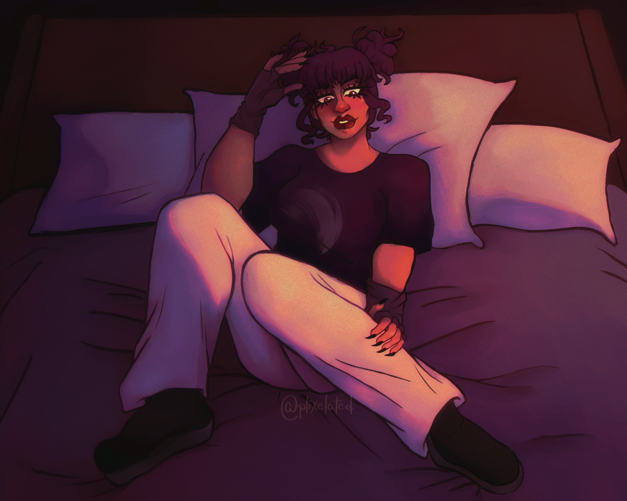 A stylized digital illustration of a girl with dark curly hair and makeup, sitting on a bed at night. She is wearing a black top, white pants, and gloves, with one hand on her head and the other on her knee, surrounded by pillows and dark bedding.