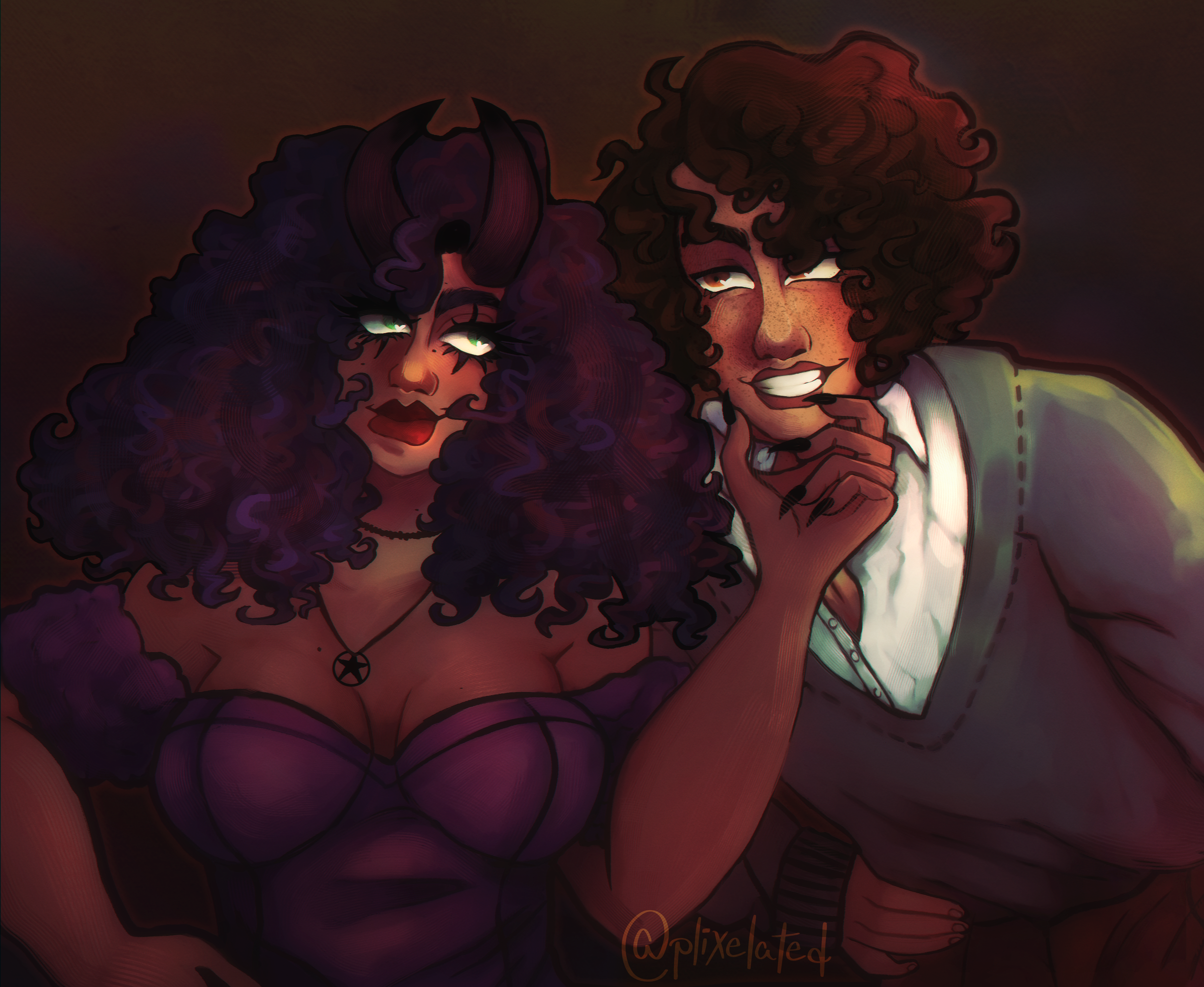 An illustration of a man and woman. The woman wears a dark purple corset and the man wears a green sweater.