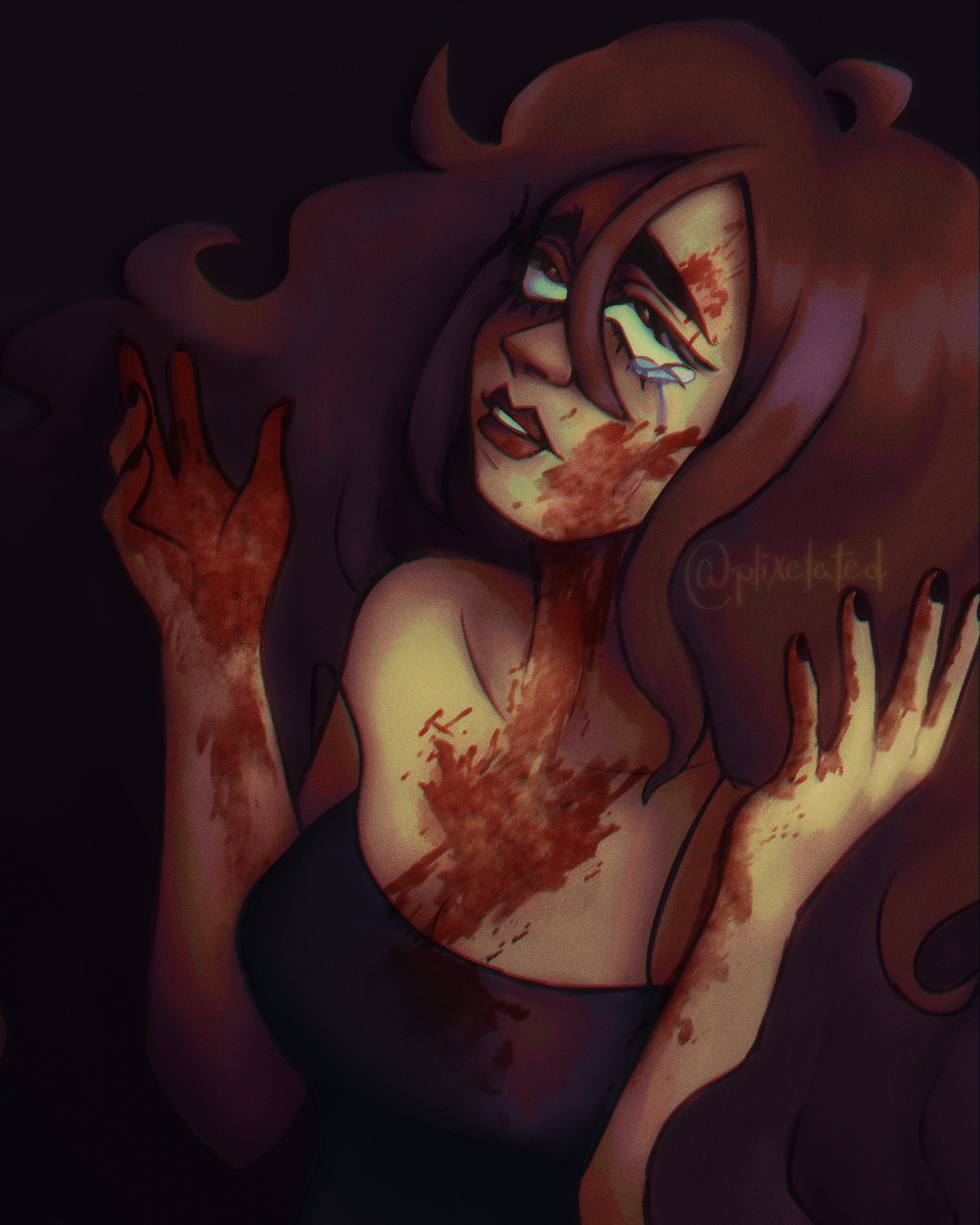 A dark illustration of a woman with blood and tears on her face and hands, with a distressed expression and long wavy hair.