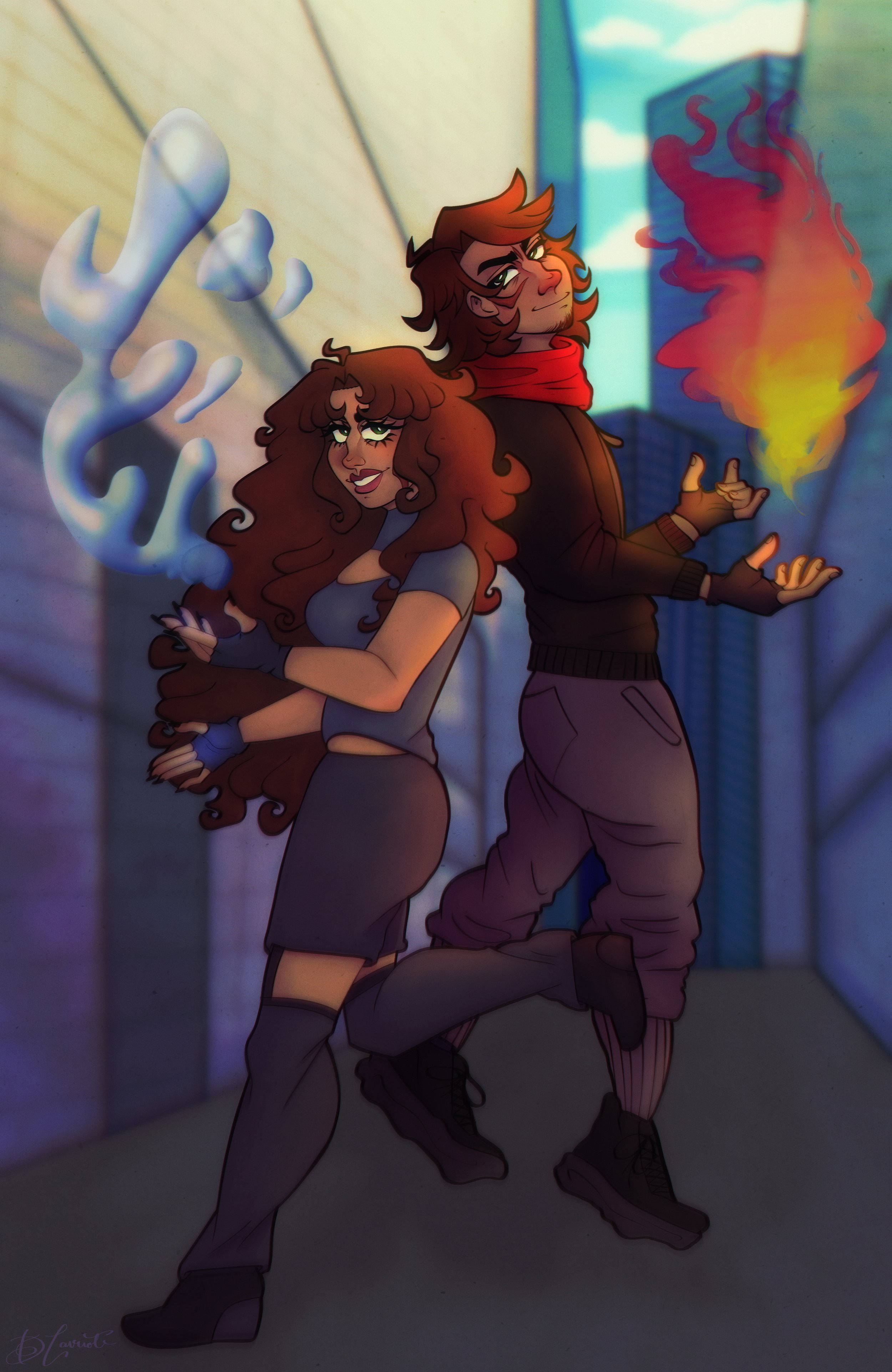 Animated illustration of a young woman and man standing back-to-back in an urban alleyway with futuristic buildings in the background. The woman has long, curly hair wielding water while the man has wavy hair and is wielding fire in his hand.