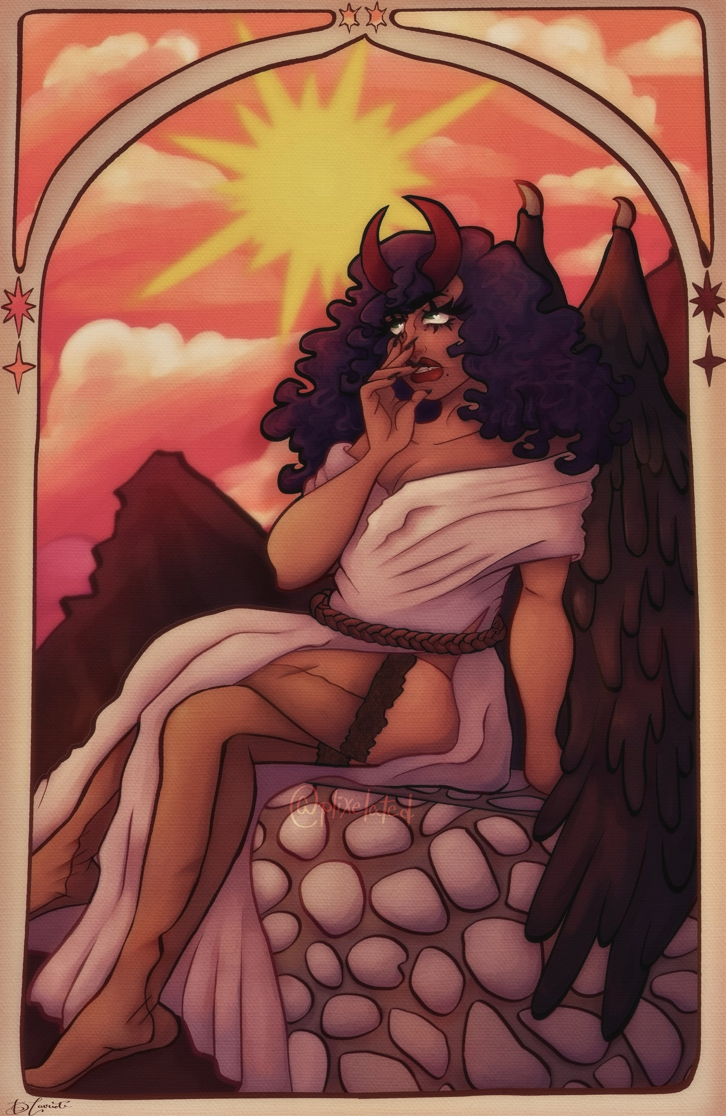 A fantasy illustration of a dark-skinned humanoid with long curly purple hair, black wings, and devil horns, sitting on a stone wall under a bright yellow sun with pink and red sky and clouds in the background.