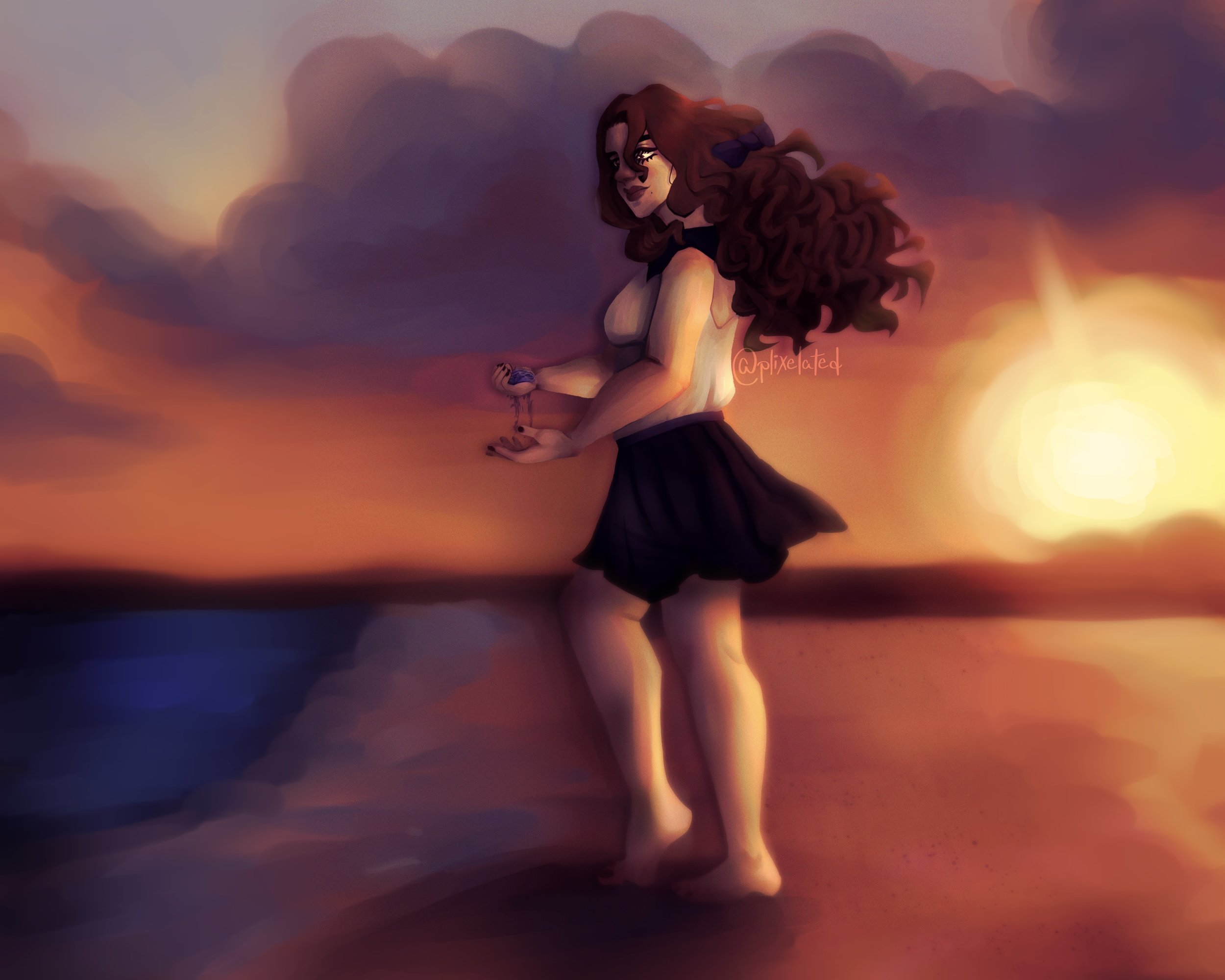 An illustration of a woman with long, curly hair standing on a beach at sunset, holding water in her hands