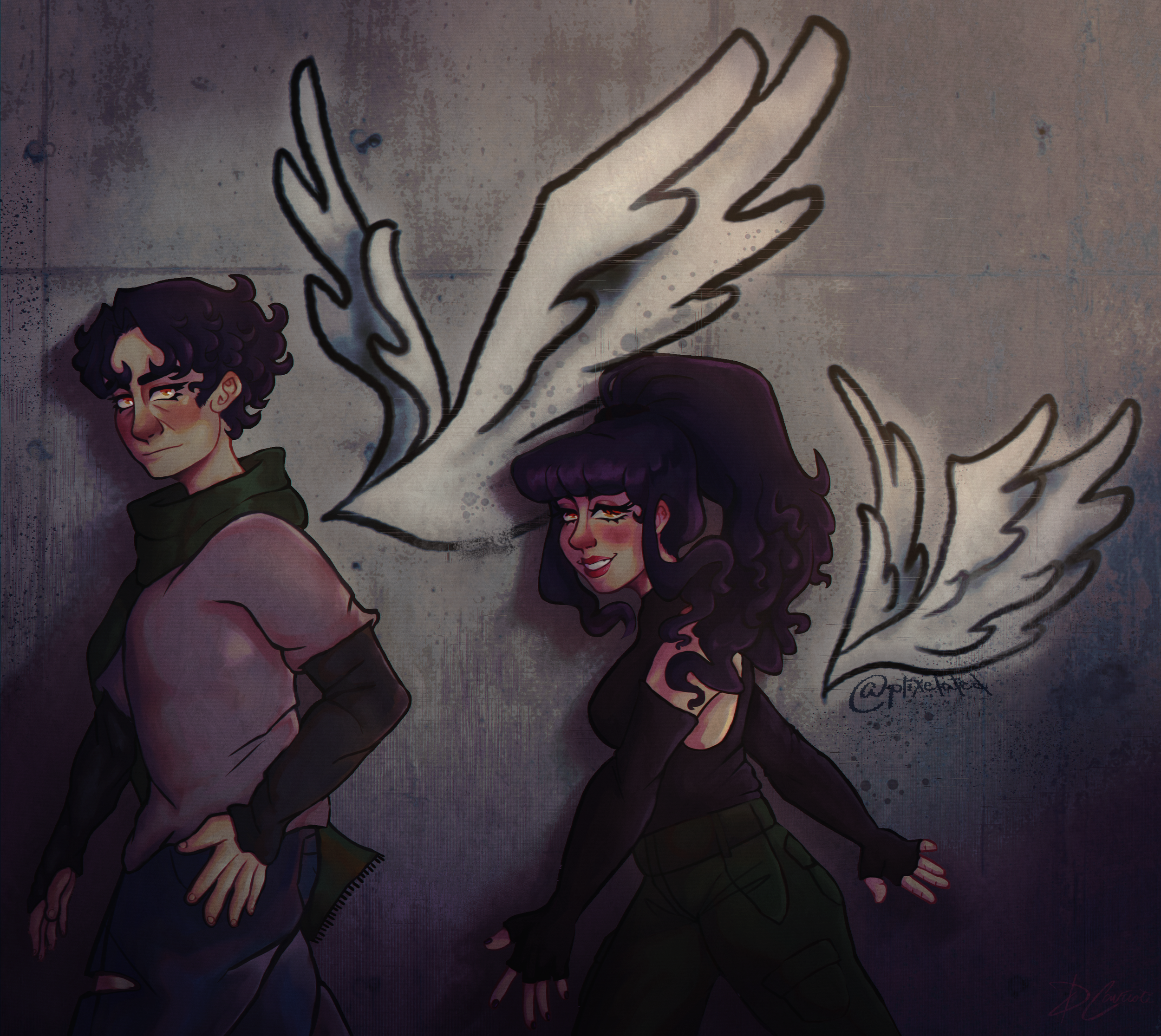 Digital illustration of a young man and woman with large, angel-like wings drawn in a graffiti style behind them