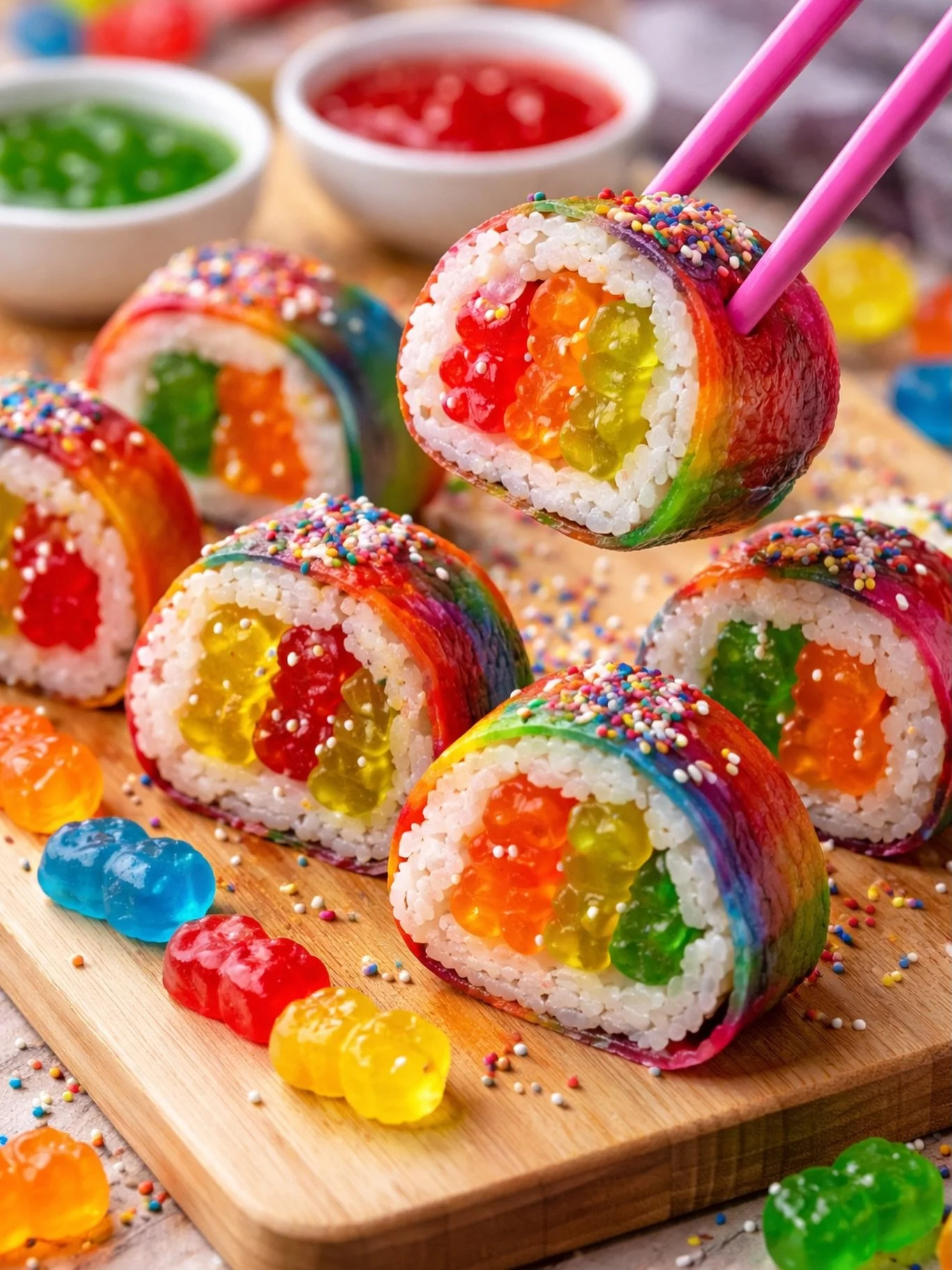 🍣🌈 GUMMY BEAR SUSHI ROLL 🌈🍣

Sweet meets sushi in the wildest way possible.
Sticky rice swapped for sweet rice, nori turned into fruit leather, and packed with juicy gummy bears for that chewy, colorful bite.

This roll? Pure nostalgia. Pure chao