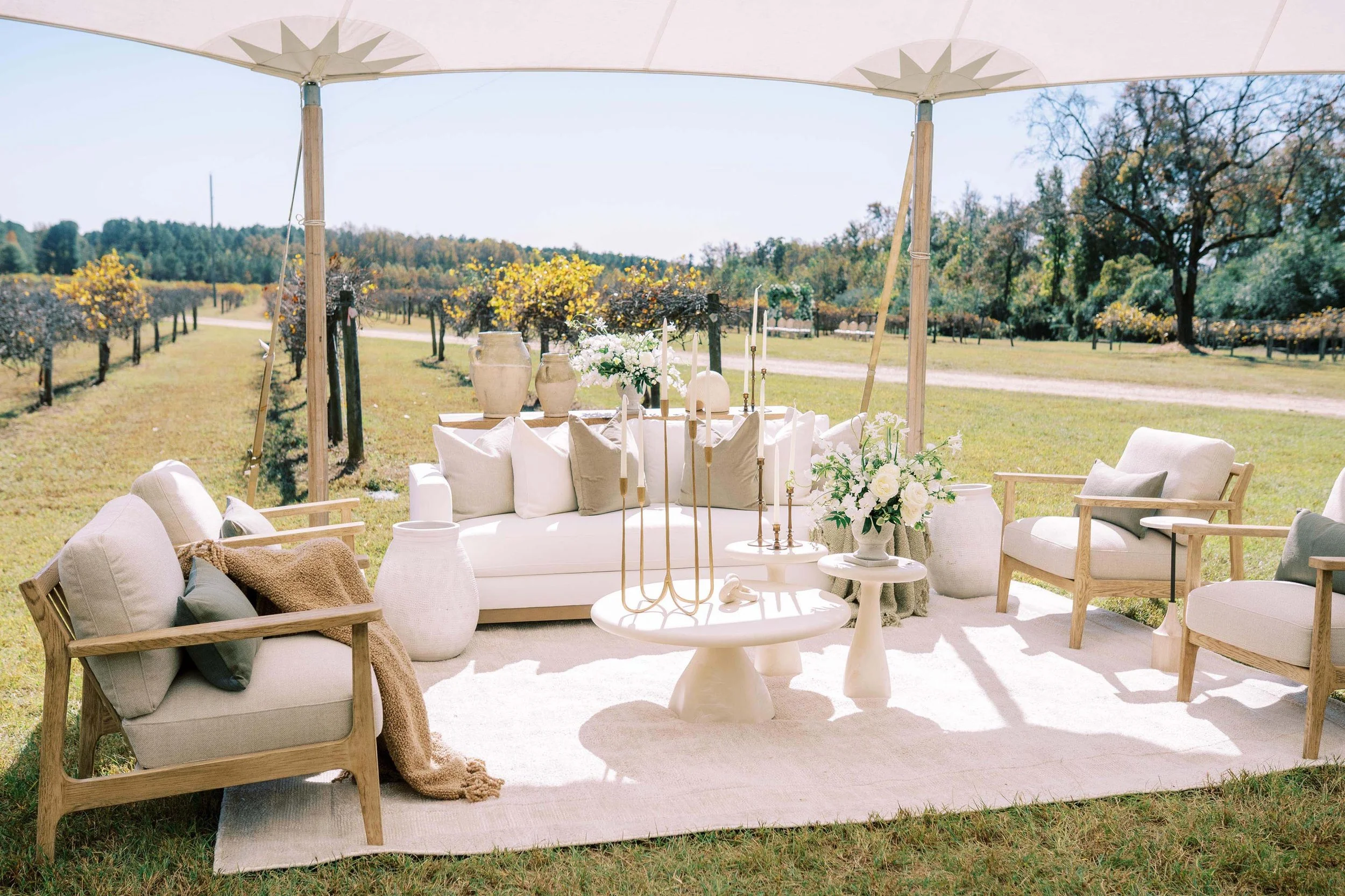 event lounge setup at vineyard