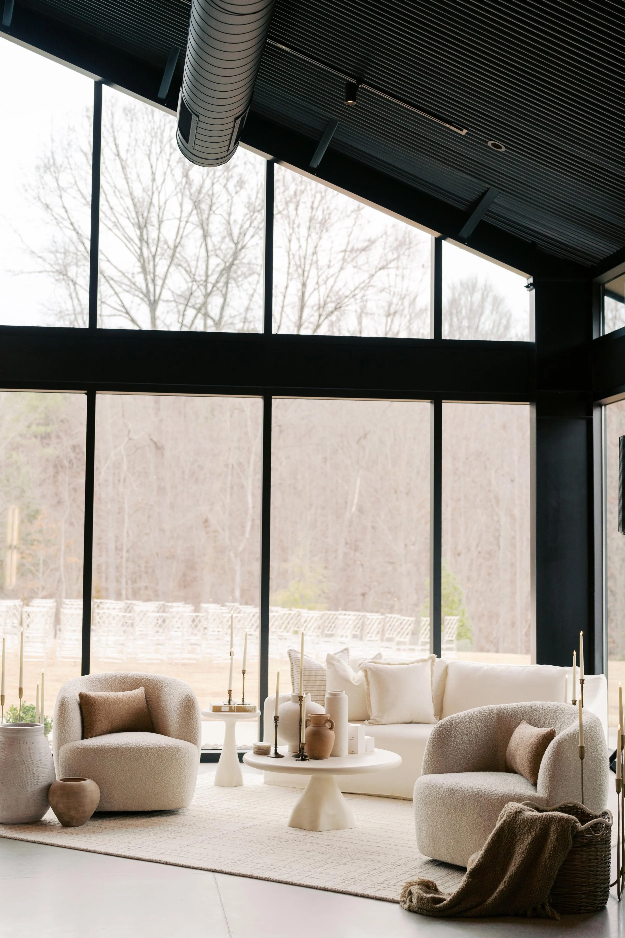 event lounge setup with modern soft furniture