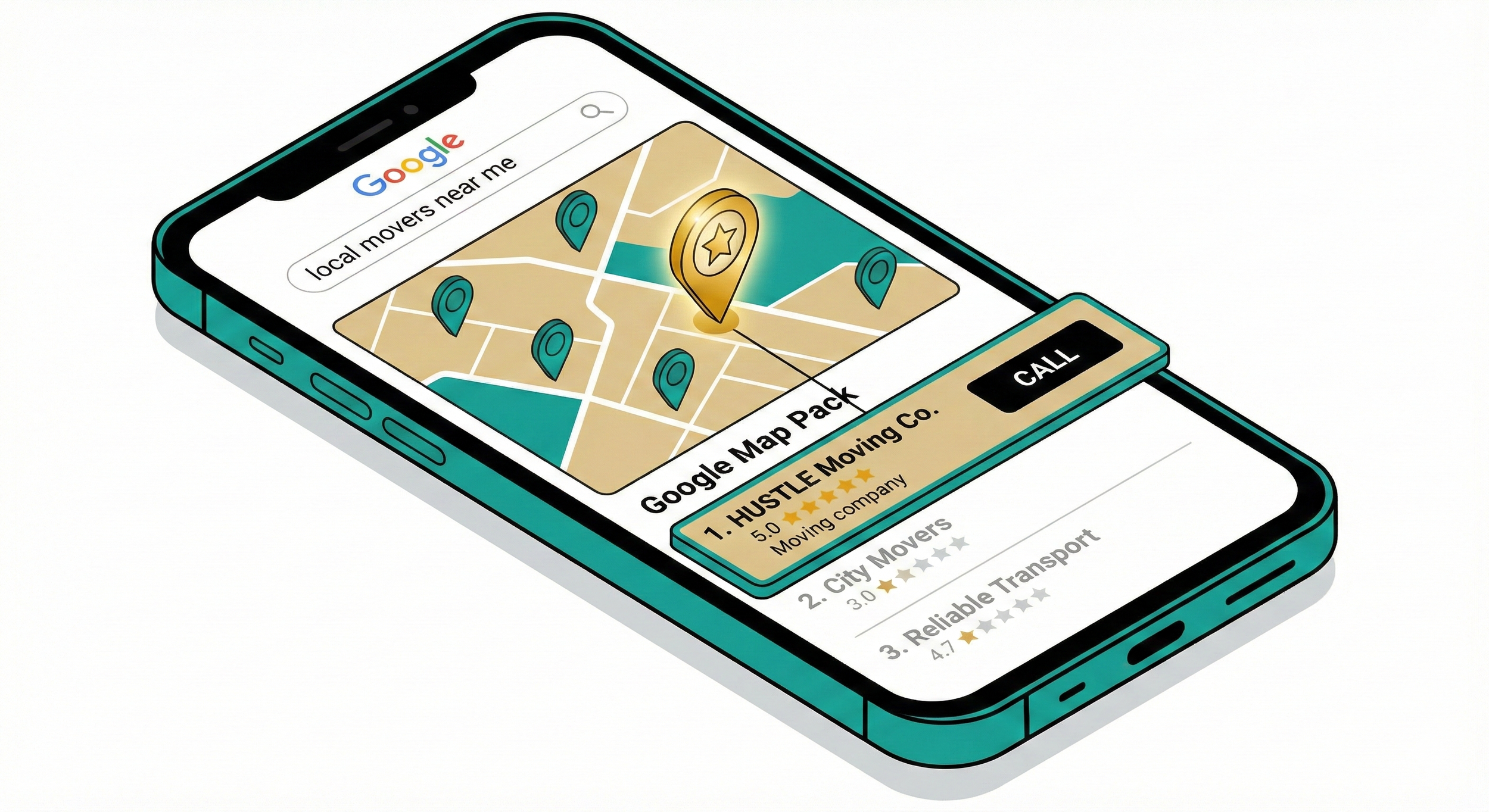 Smartphone screen displaying a Google Maps interface with various locations marked, focused on a moving company's listing with ratings and a 'Call' button.