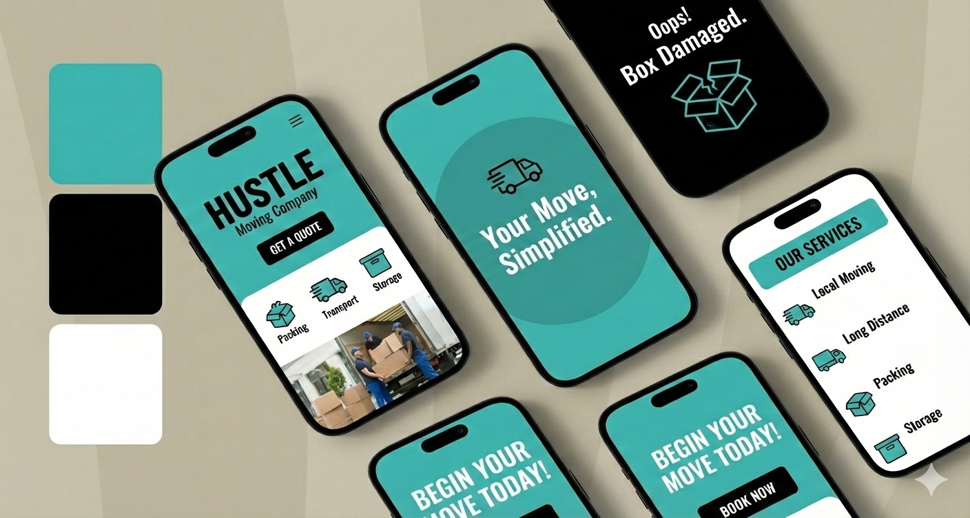 Collection of six smartphones on a white surface displaying a moving company's mobile app screens, including options for booking, services, and an error message for a damaged box.