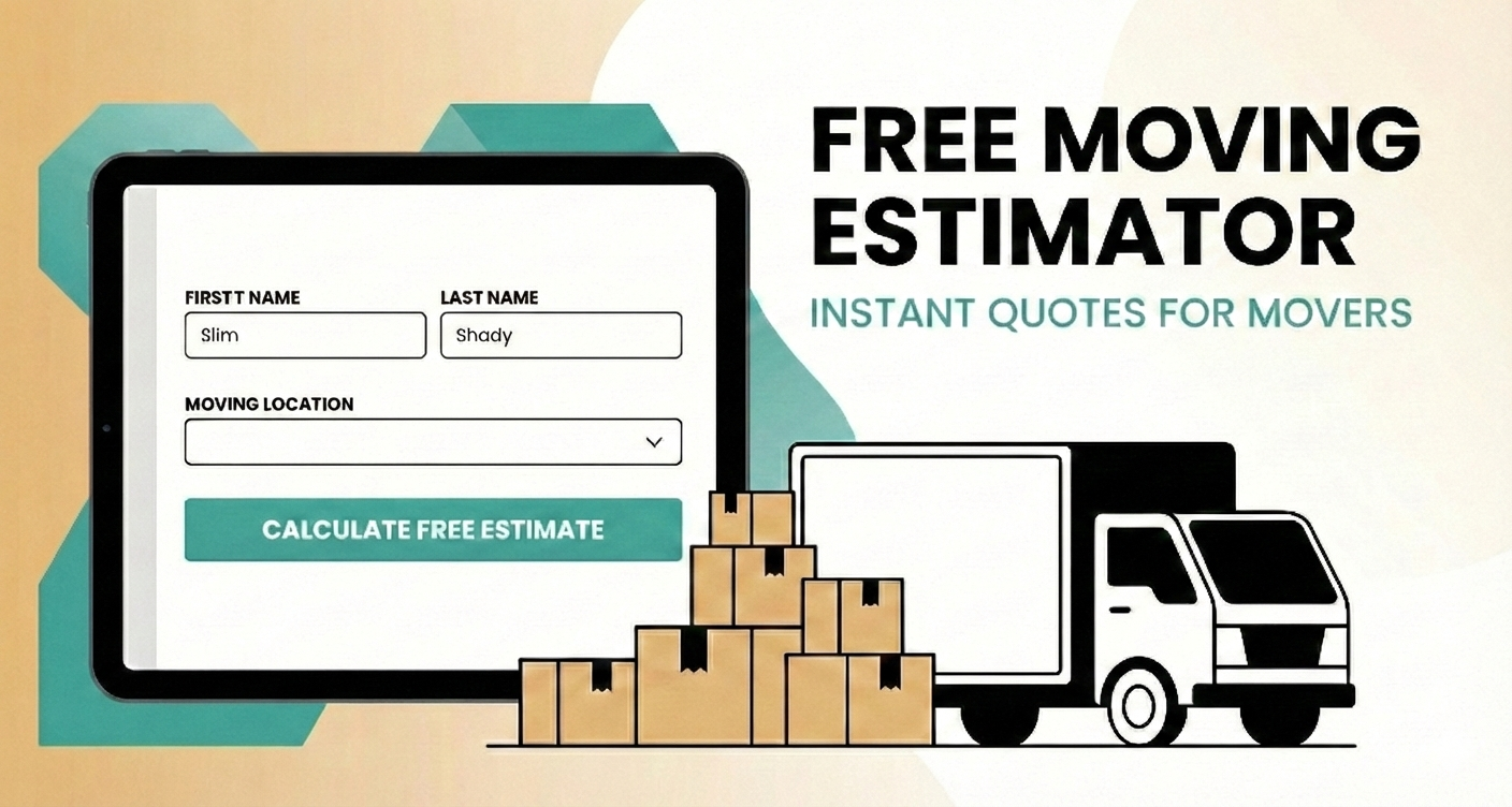An advertisement for a free moving estimator app with a tablet showing a form for name and moving location, a moving truck, and stacked boxes.