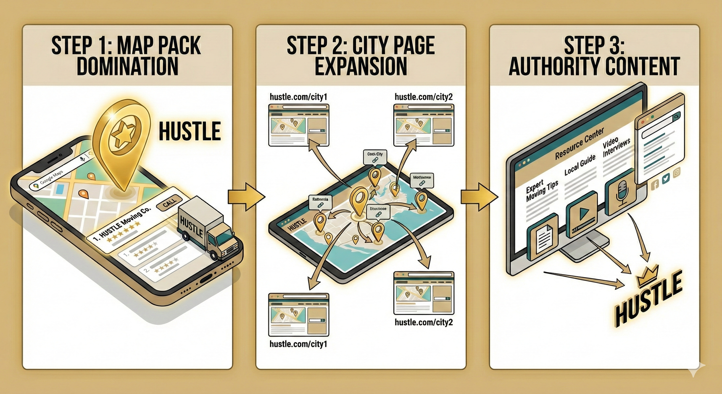 A three-step visual guide for building a digital presence. Step 1: Map pack domination showing a smartphone with a map and a delivery truck labeled 'HUSTLE.' Step 2: City page expansion with a tablet displaying multiple map markers connected to various city URLs. Step 3: Authority content featuring a desktop with a resource center webpage and arrows pointing to the HUSTLE logo, emphasizing content creation and authority building.