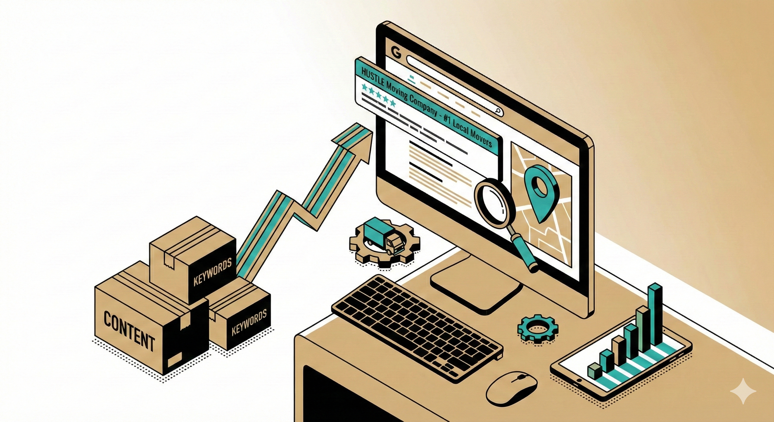 Illustration of digital marketing and SEO tools with books labeled 'content' and 'keywords', ascending arrow, computer with magnifying glass and map icon, smartphone with bar chart, gear icons, and a web browser showing a moving company.