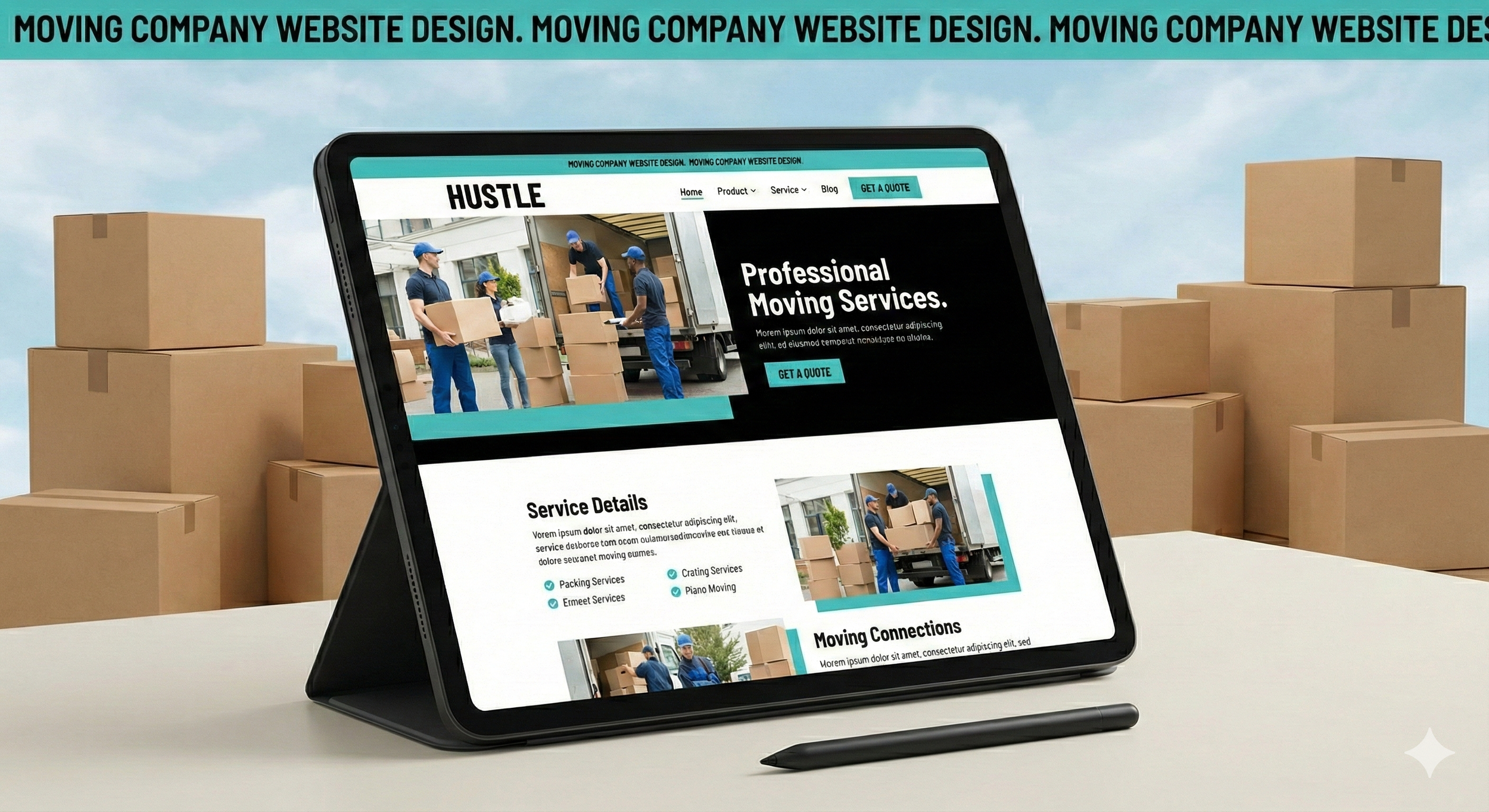 Tablet displaying a moving company website with images of movers loading boxes, surrounded by stacked cardboard boxes on a white surface with a stylus in front. The background is a sky with clouds.