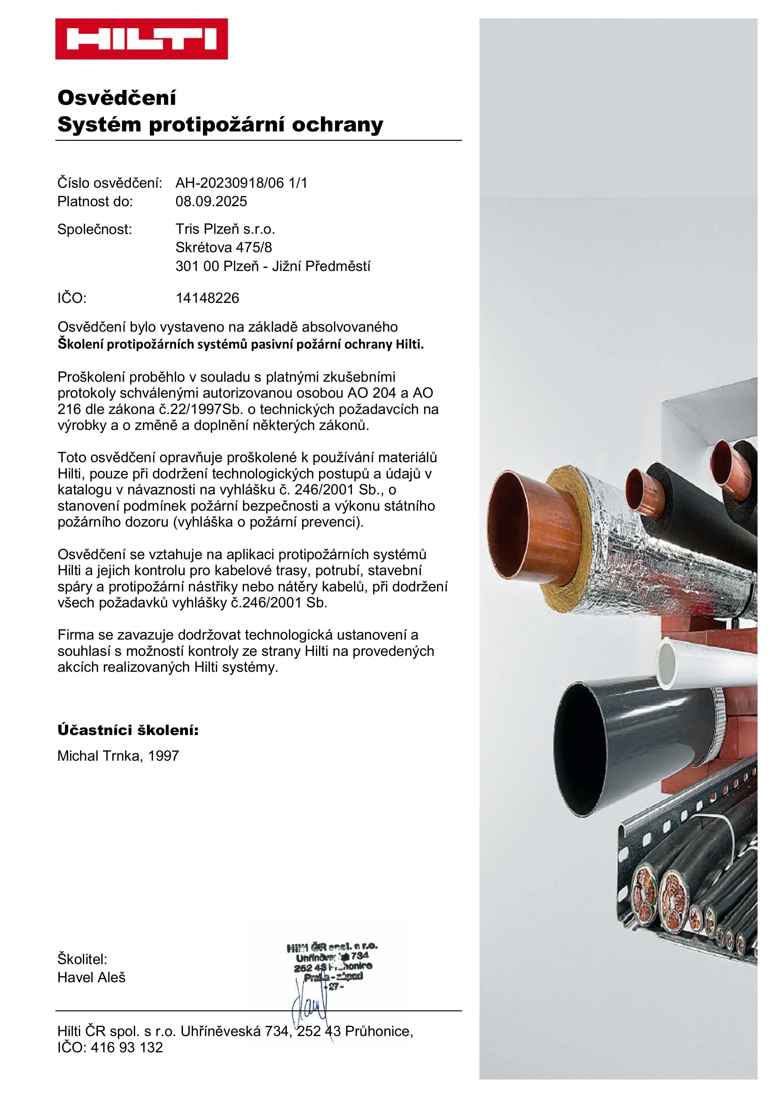 Osvědčení Hilti o proškolení v systémech protipožární ochrany a certifikovaných instalacích