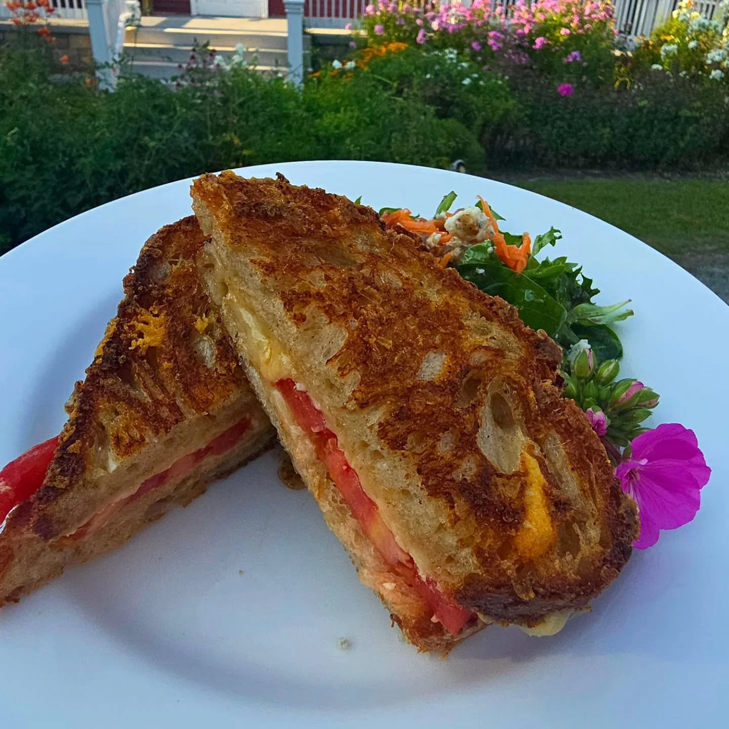 Strictly NEK Grilled Cheese, @boulebakeryvt Country white bread toasted by @cabotcreamery butter,  @jasperhillfarm clothbound cheddar @mcdonaldfarmstand juicy tomato &amp; summer side salad