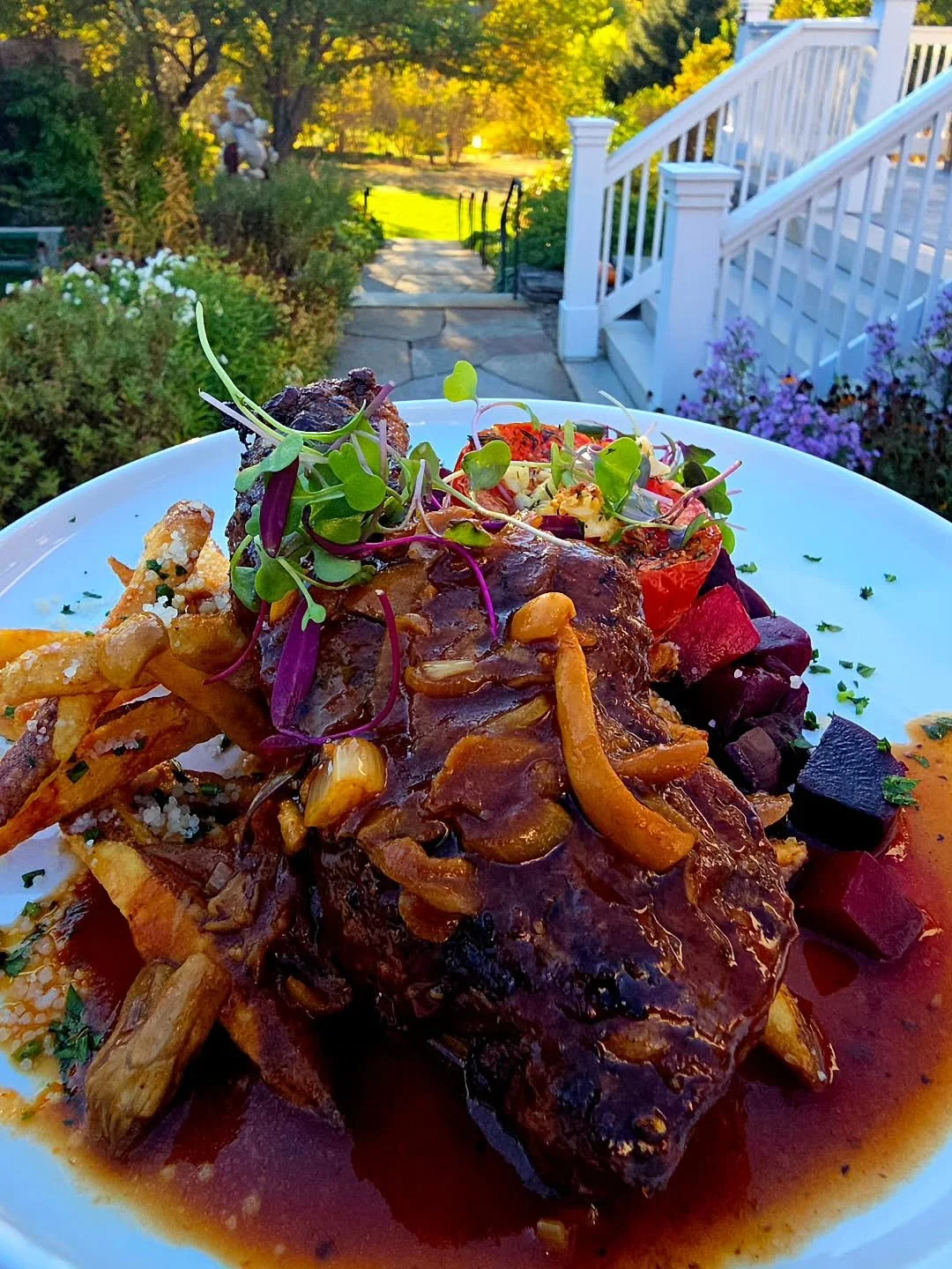 Prosper valley Steak Frites, grilled sirloin, chateaubriand &amp; local veggie medley &amp; truffle fries