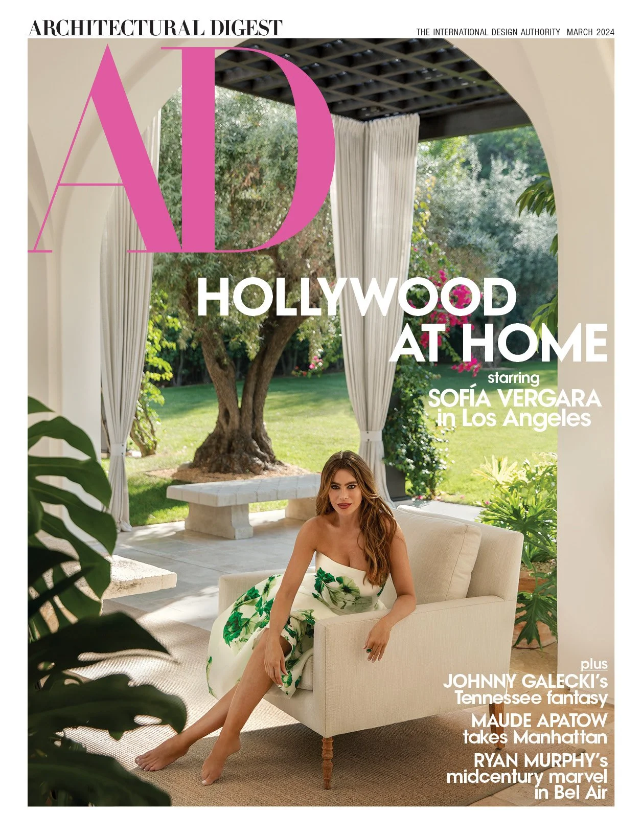 Cover of Architectural Digest magazine, March 2024, featuring actress Sofia Vergara sitting on a cream armchair in a bright, airy outdoor patio with lush green trees and plants in the background.