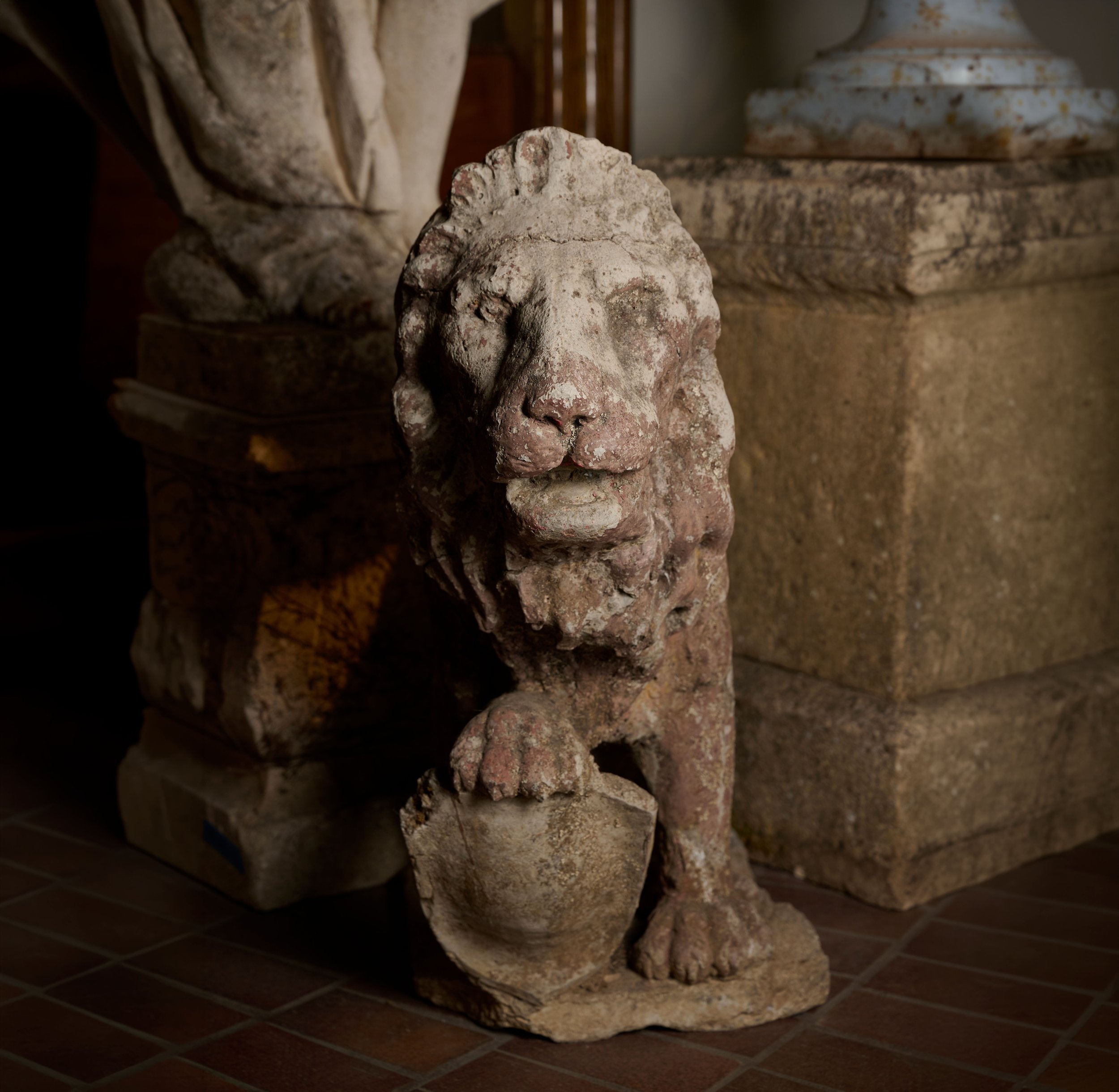 PAIR OF CAST STONE LIONS